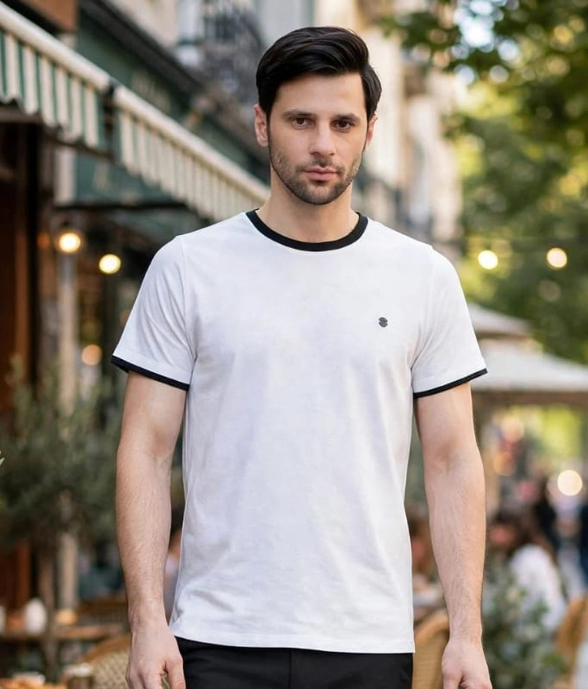 Men’s Contrast Tipped Crew Neck  White T-shirt