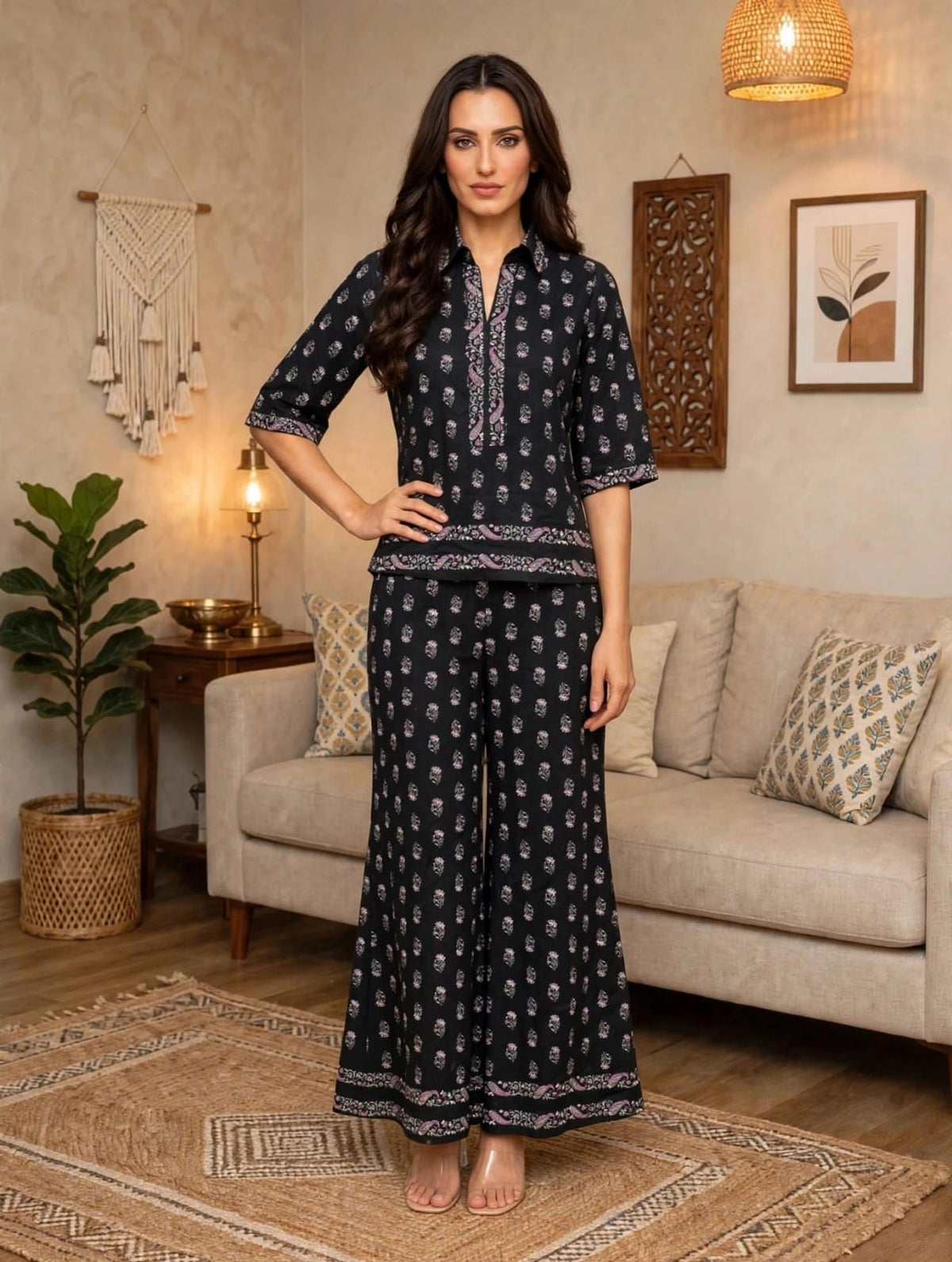 Women’s Black Floral Buti Printed Co-Ord Set-Shirt & Palazzo Set