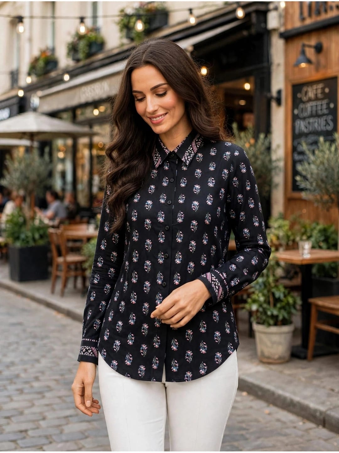 Women’s Printed Cotton Casual Shirt-Black
