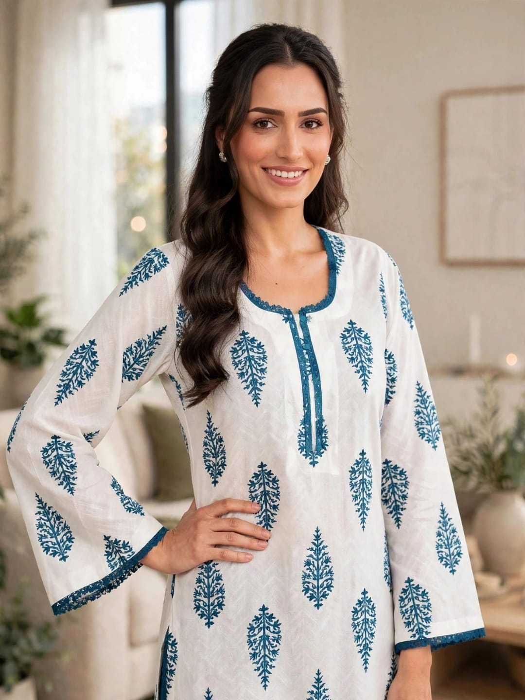 Women’s White & Teal Blue Traditional Block Print Kaftan Kurtis