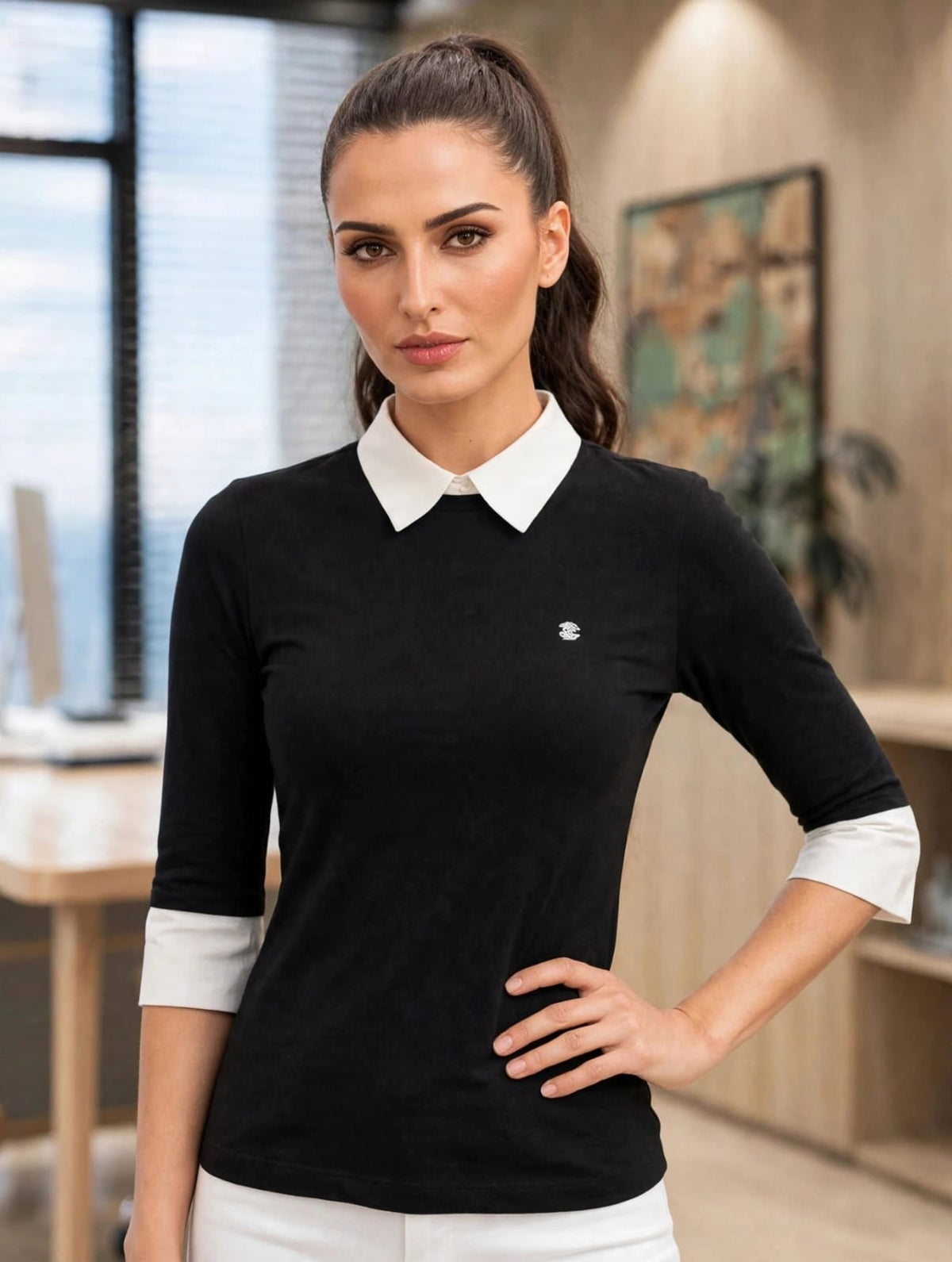 Women’s Black Collar Top with White Cuff Detailing