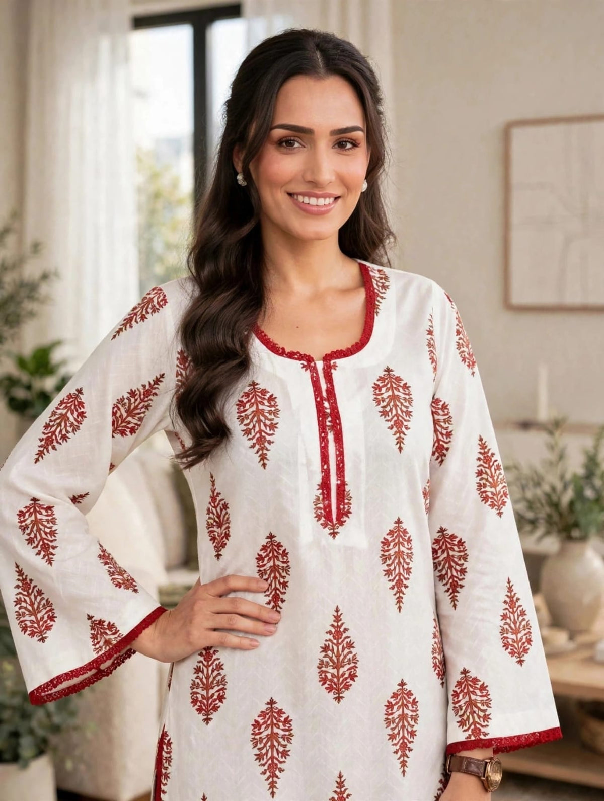 Women’s White & Rust Red Traditional Block Print Kaftan Kurtis
