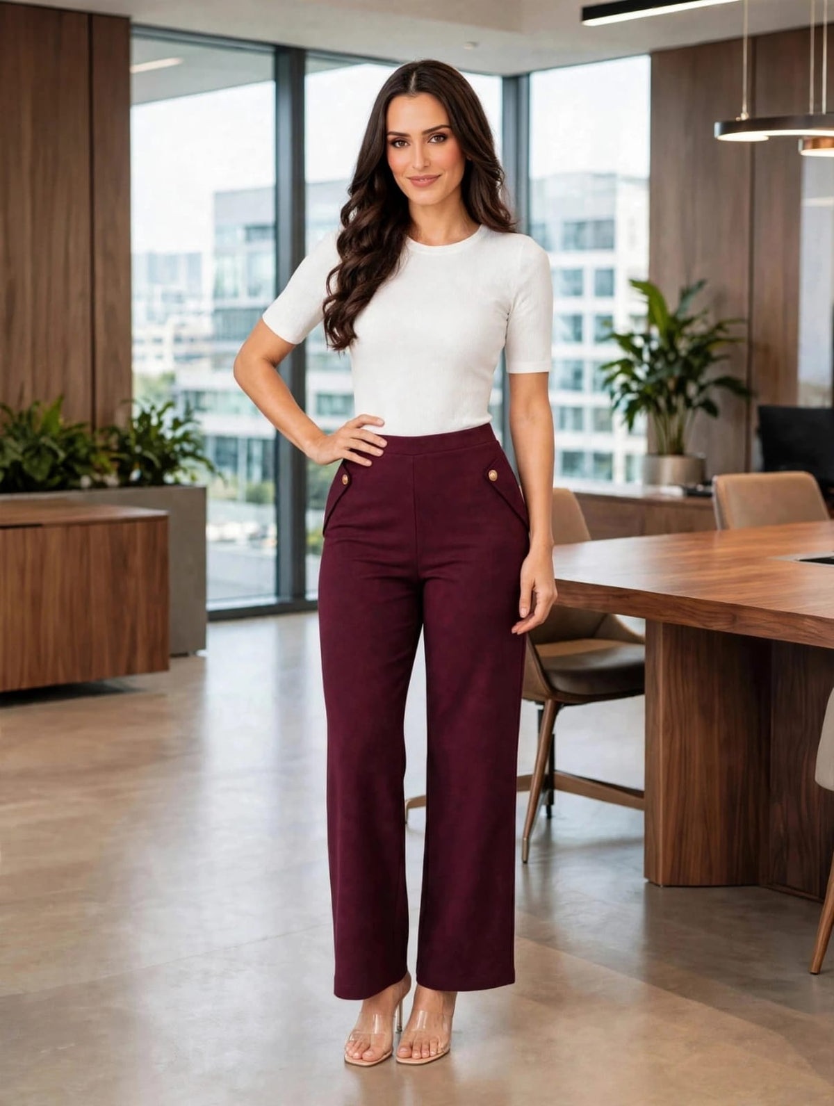 Women’s Wine High-Waist Wide Leg Trouser