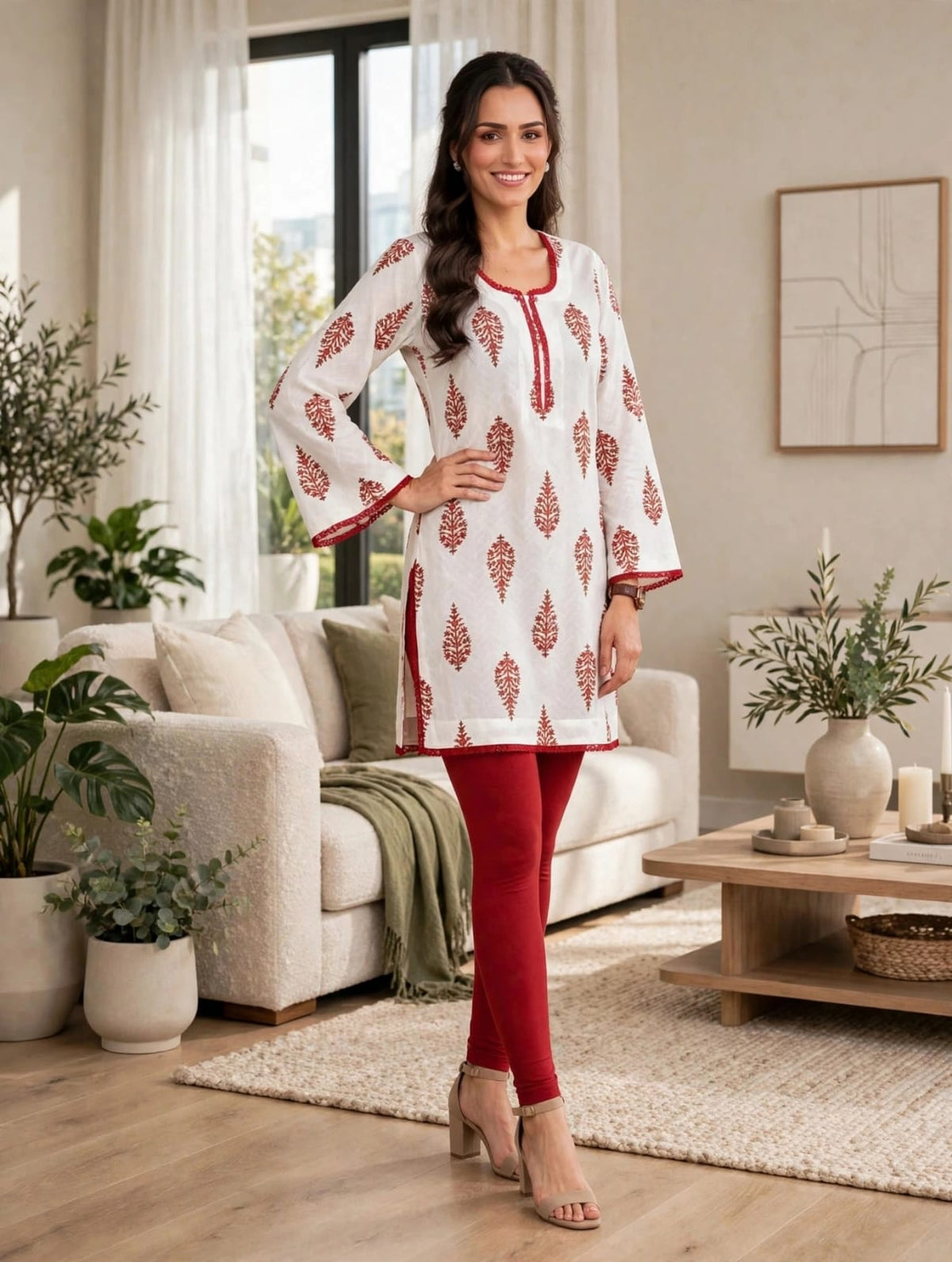 Women’s White & Rust Red Traditional Block Print Kaftan Kurtis
