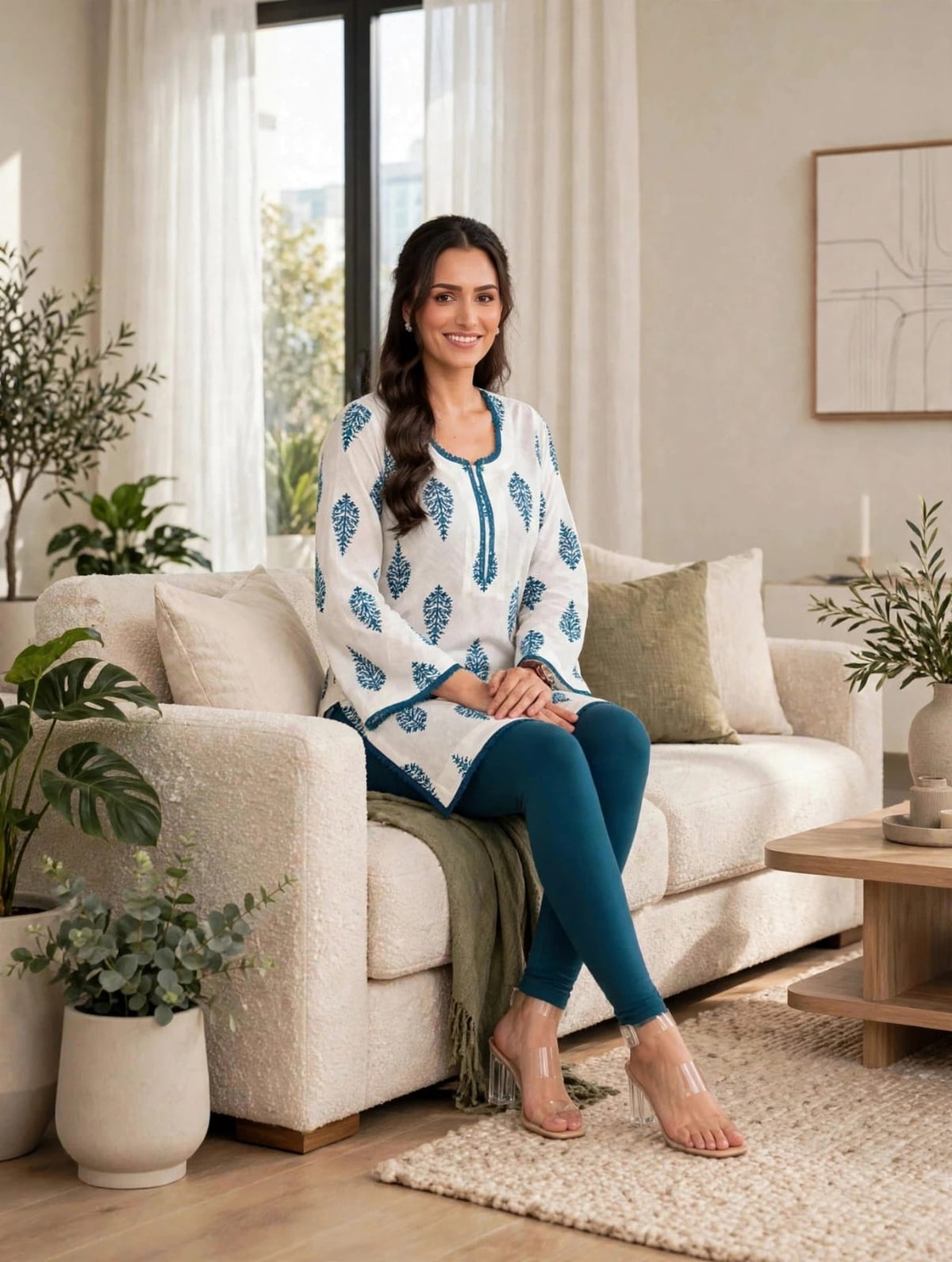 Women’s White & Teal Blue Traditional Block Print Kaftan Kurtis