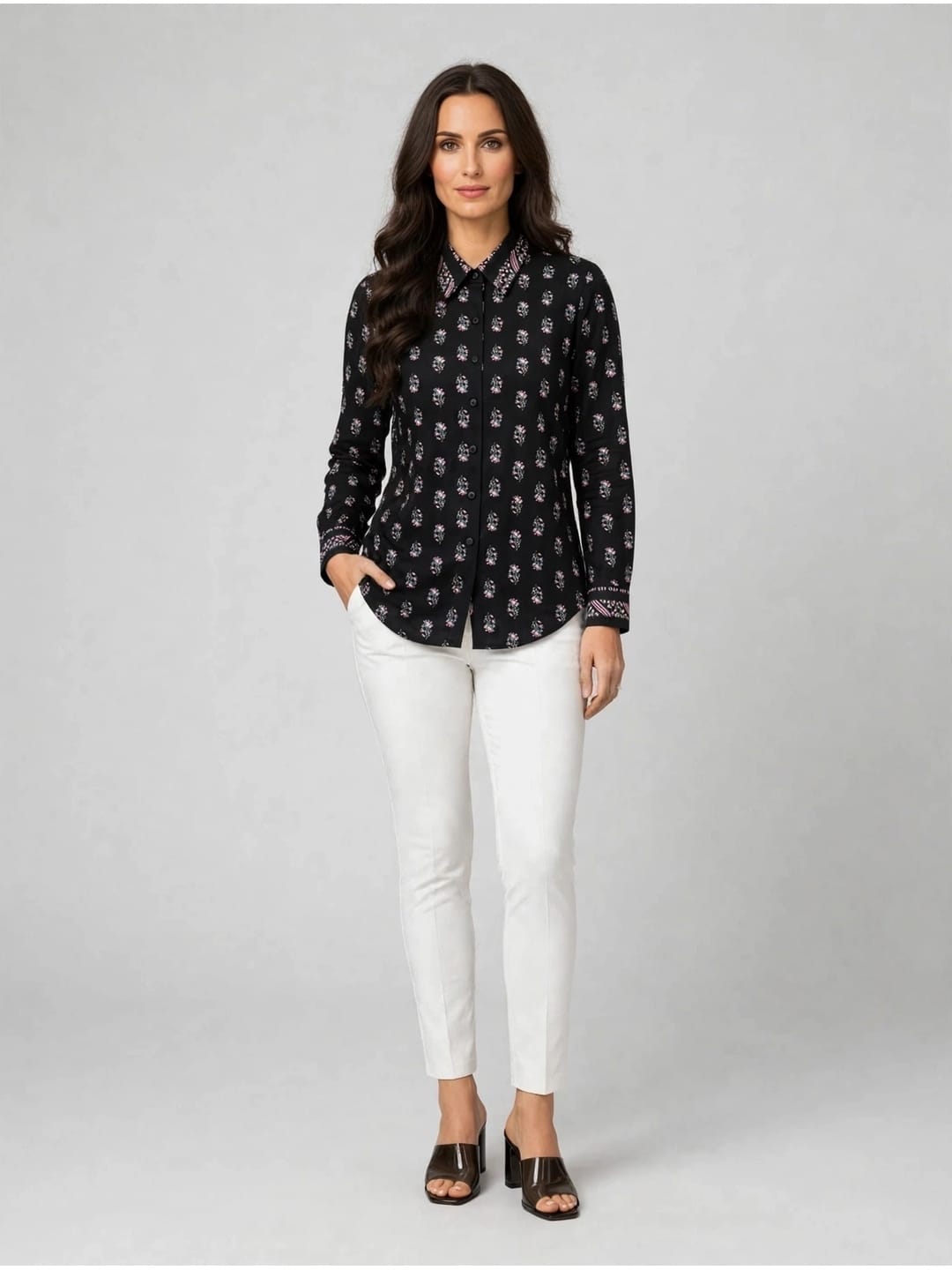 Women’s Printed Cotton Casual Shirt-Black