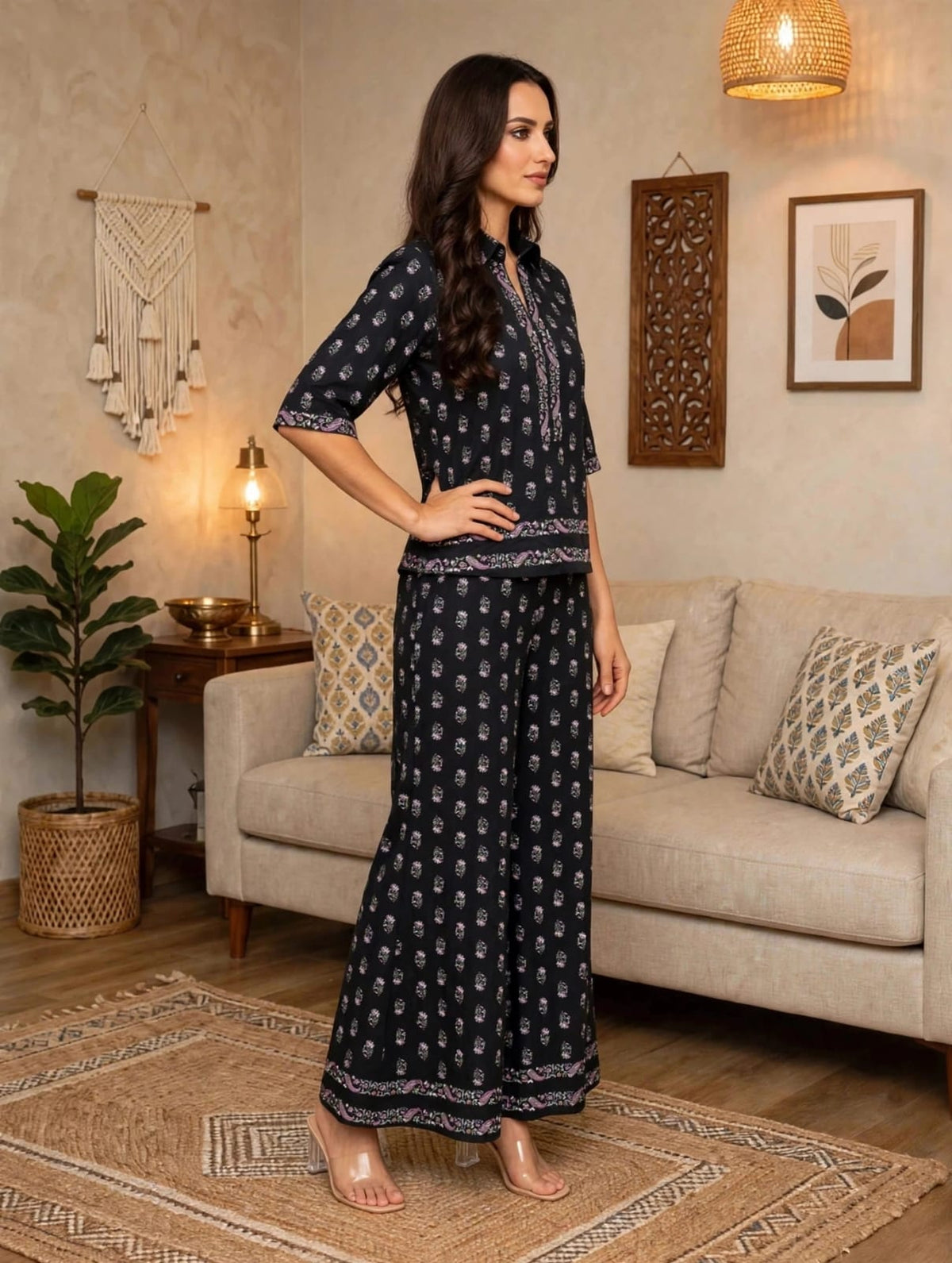 Women’s Black Floral Buti Printed Co-Ord Set-Shirt & Palazzo Set