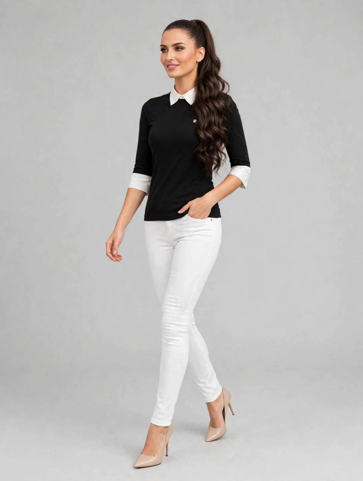 Women’s Black Collar Top with White Cuff Detailing