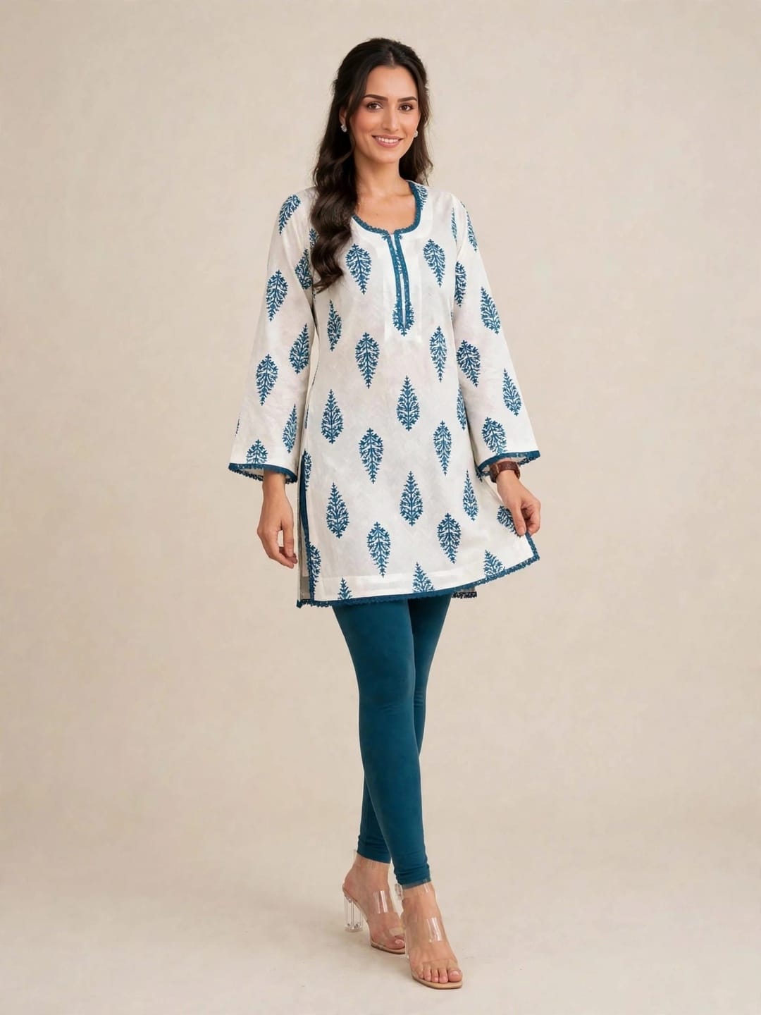 Women’s White & Teal Blue Traditional Block Print Kaftan Kurtis
