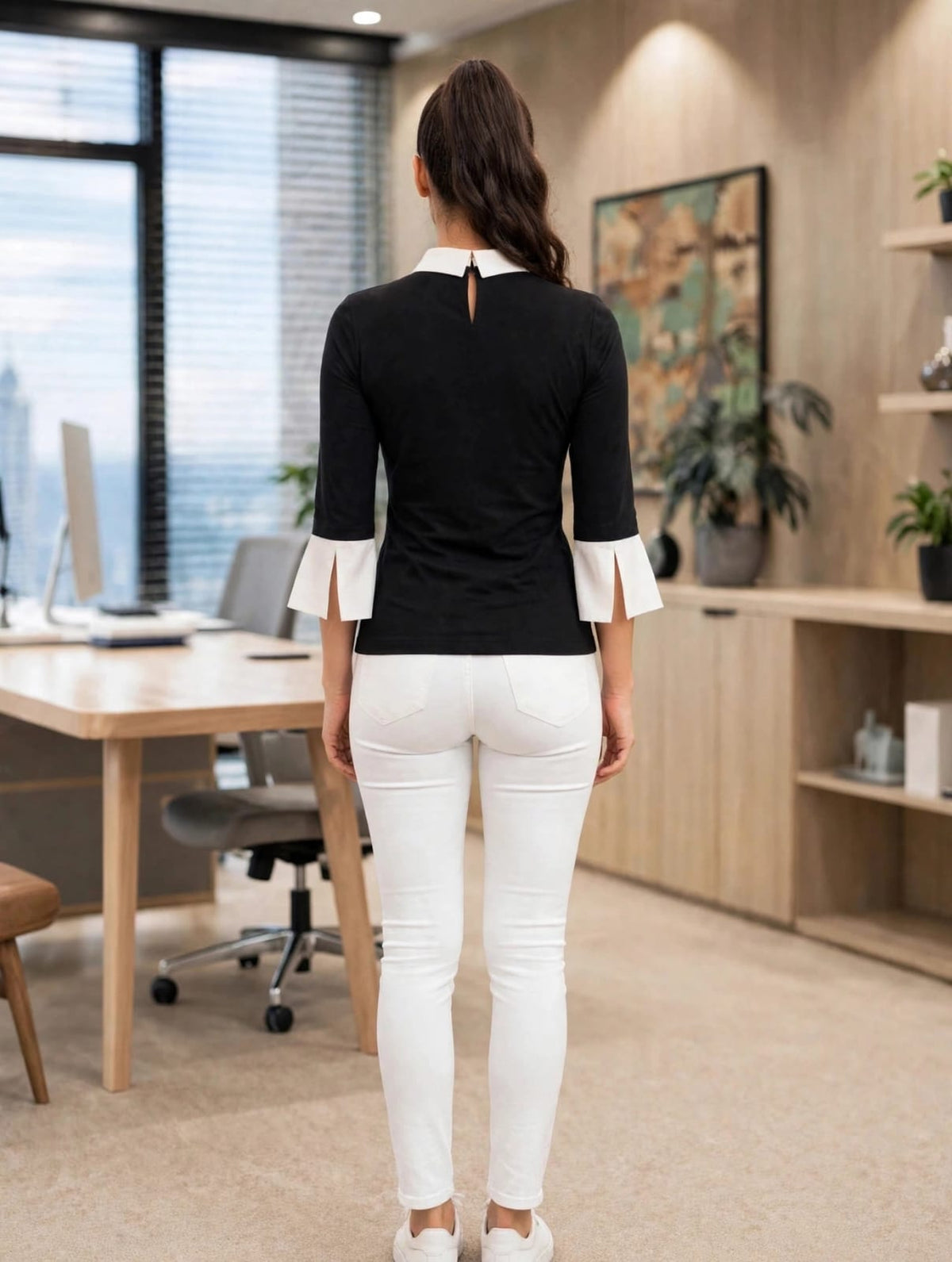 Women’s Black Collar Top with White Cuff Detailing