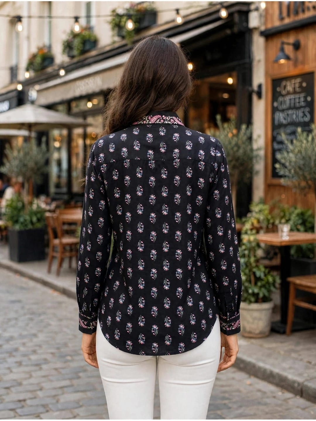 Women’s Printed Cotton Casual Shirt-Black