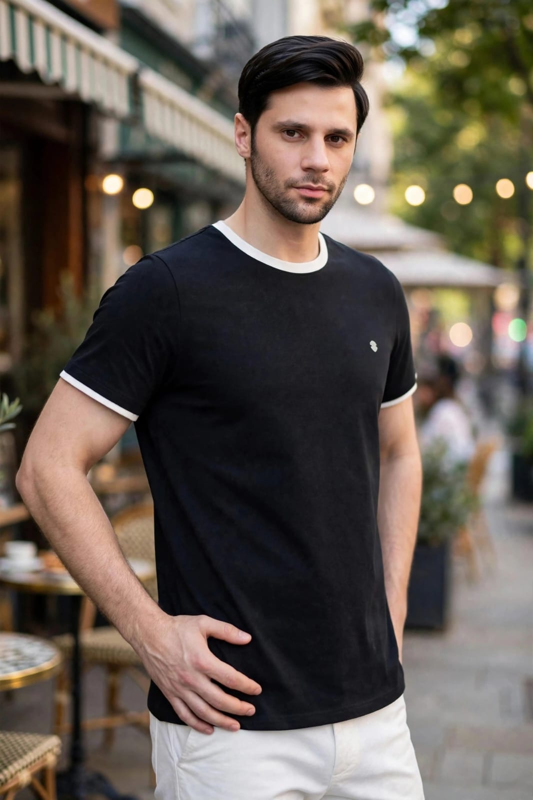 Men’s Contrast Tipped Crew Neck  Black T-shirt