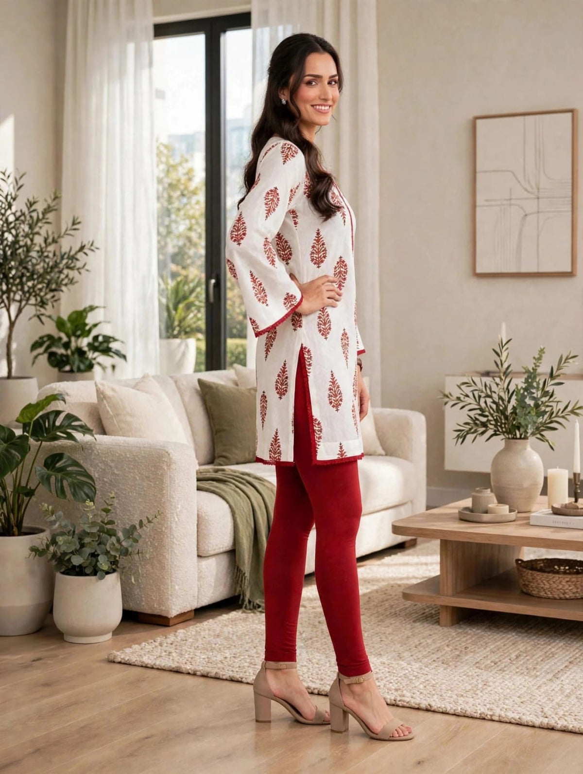Women’s White & Rust Red Traditional Block Print Kaftan Kurtis