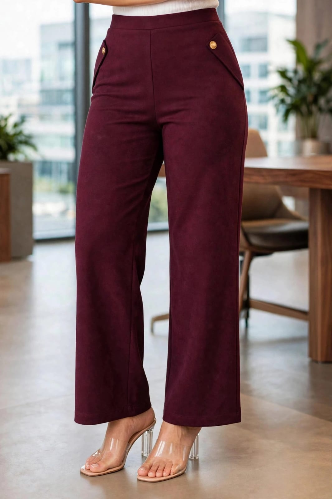 Women’s Wine High-Waist Wide Leg Trouser