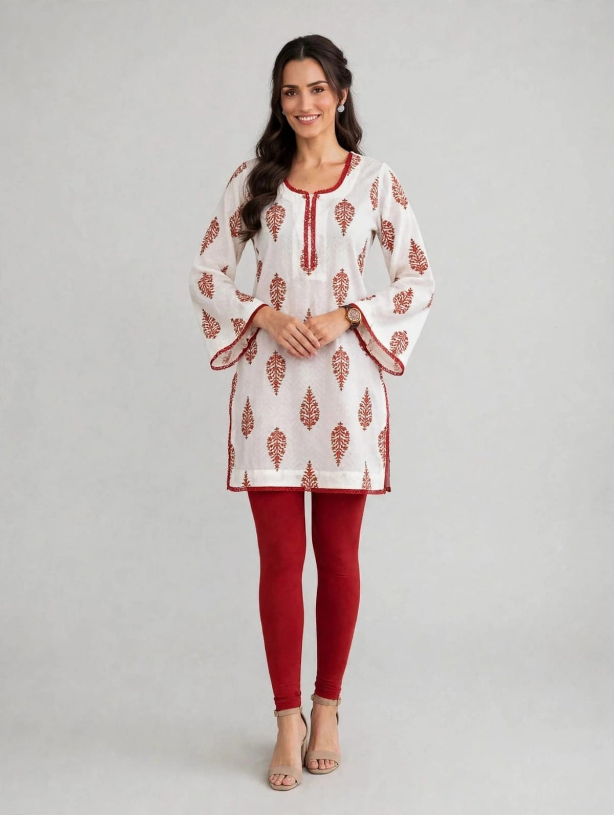 Women’s White & Rust Red Traditional Block Print Kaftan Kurtis