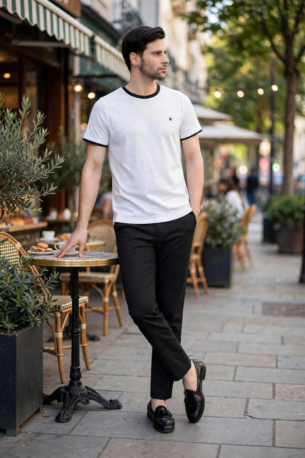 Men’s Contrast Tipped Crew Neck  White T-shirt