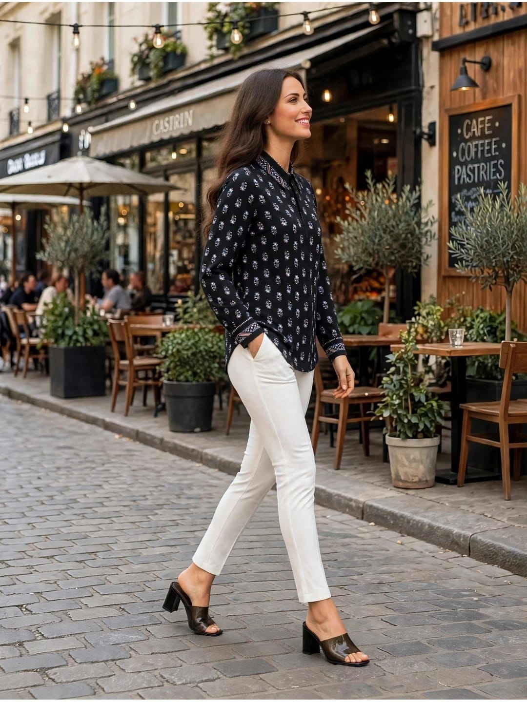 Women’s Printed Cotton Casual Shirt-Black