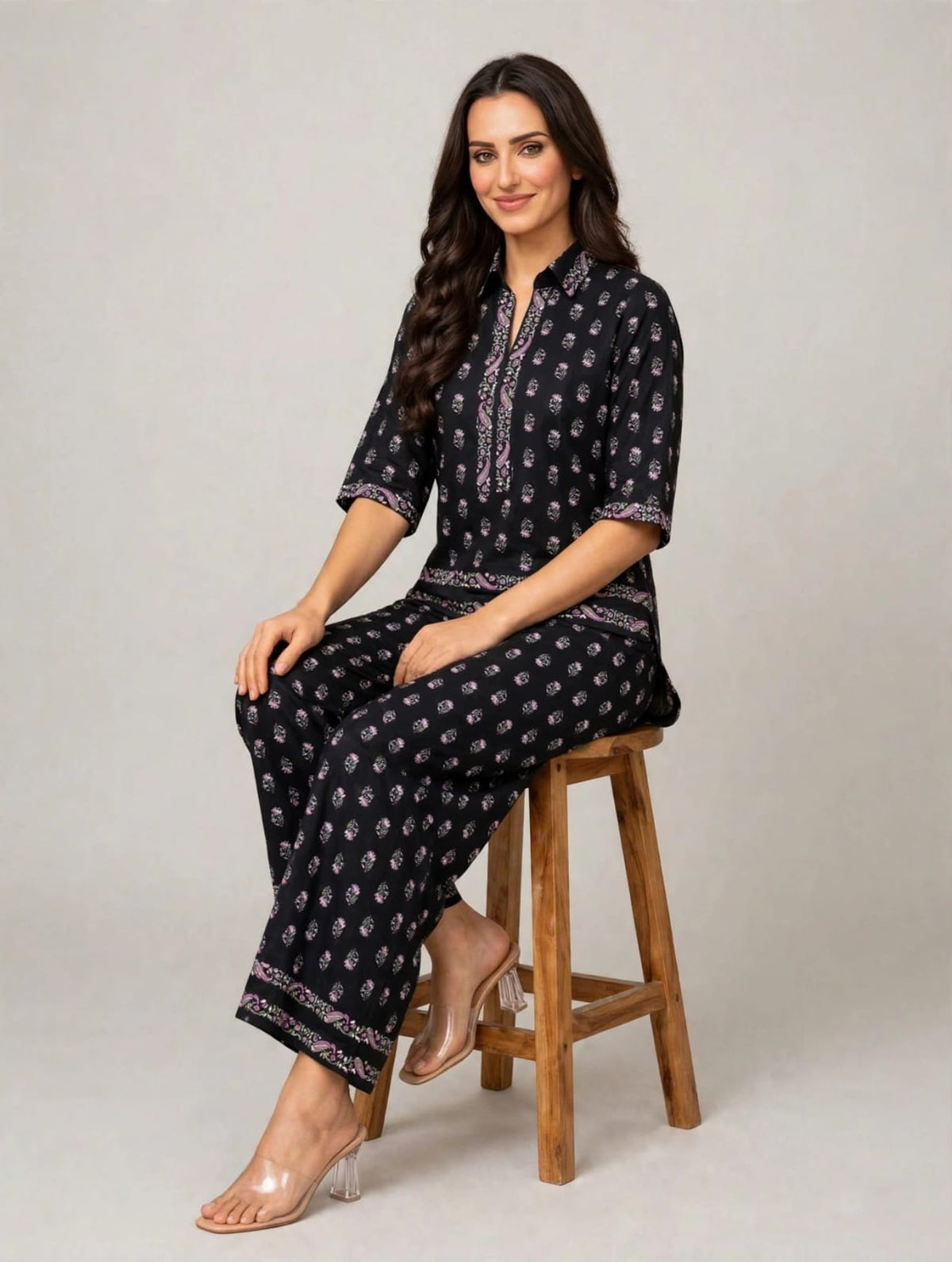 Women’s Black Floral Buti Printed Co-Ord Set-Shirt & Palazzo Set