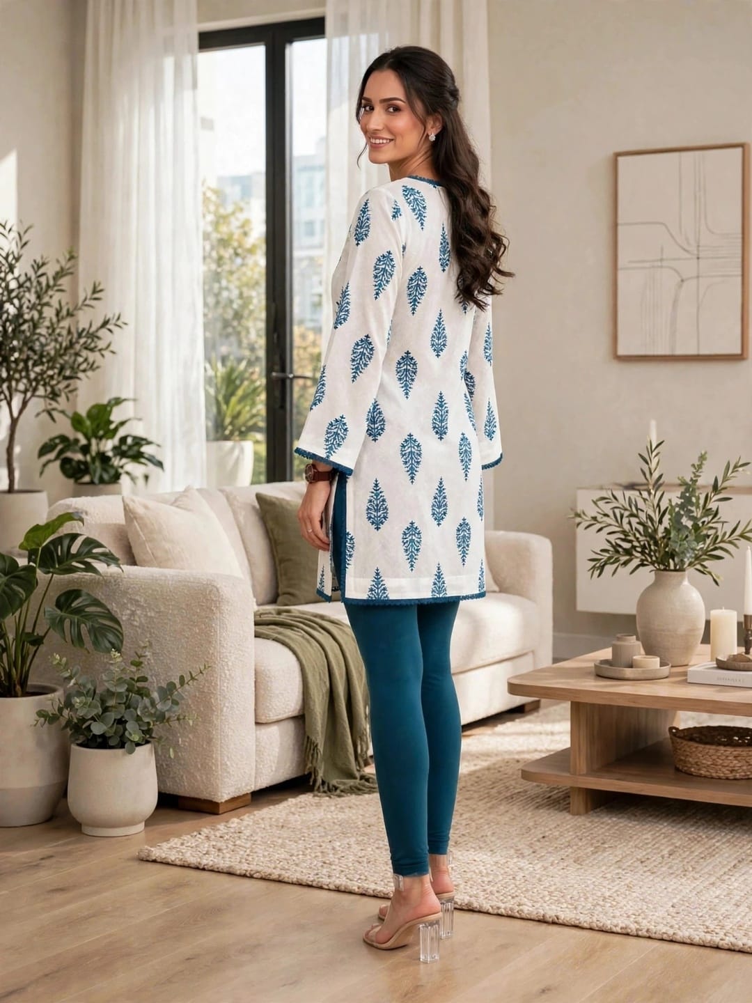 Women’s White & Teal Blue Traditional Block Print Kaftan Kurtis