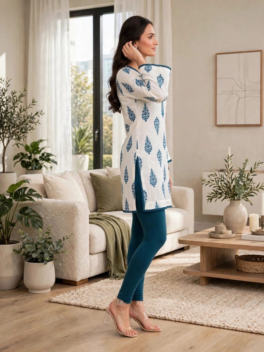Women’s White & Teal Blue Traditional Block Print Kaftan Kurtis