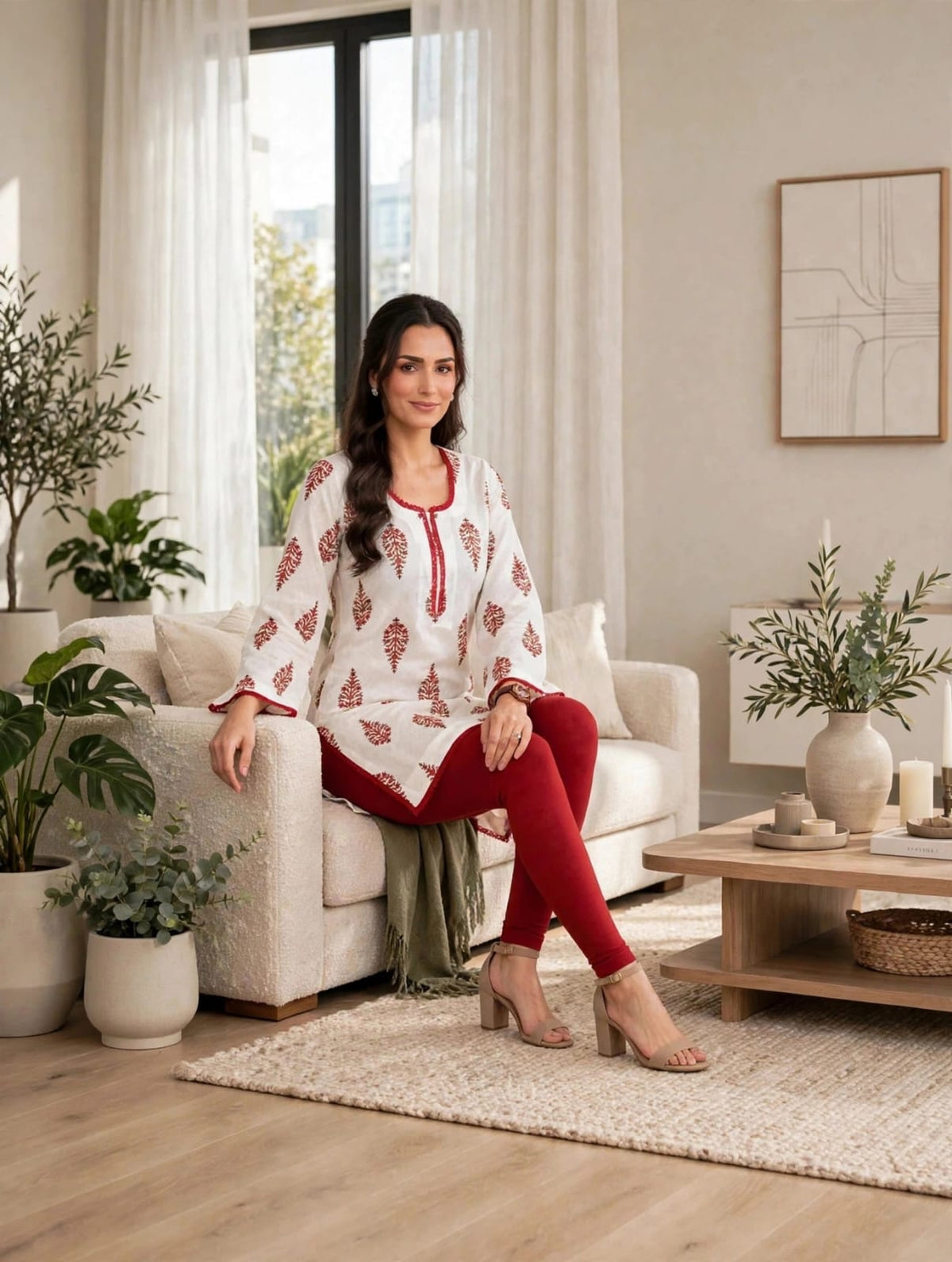 Women’s White & Rust Red Traditional Block Print Kaftan Kurtis