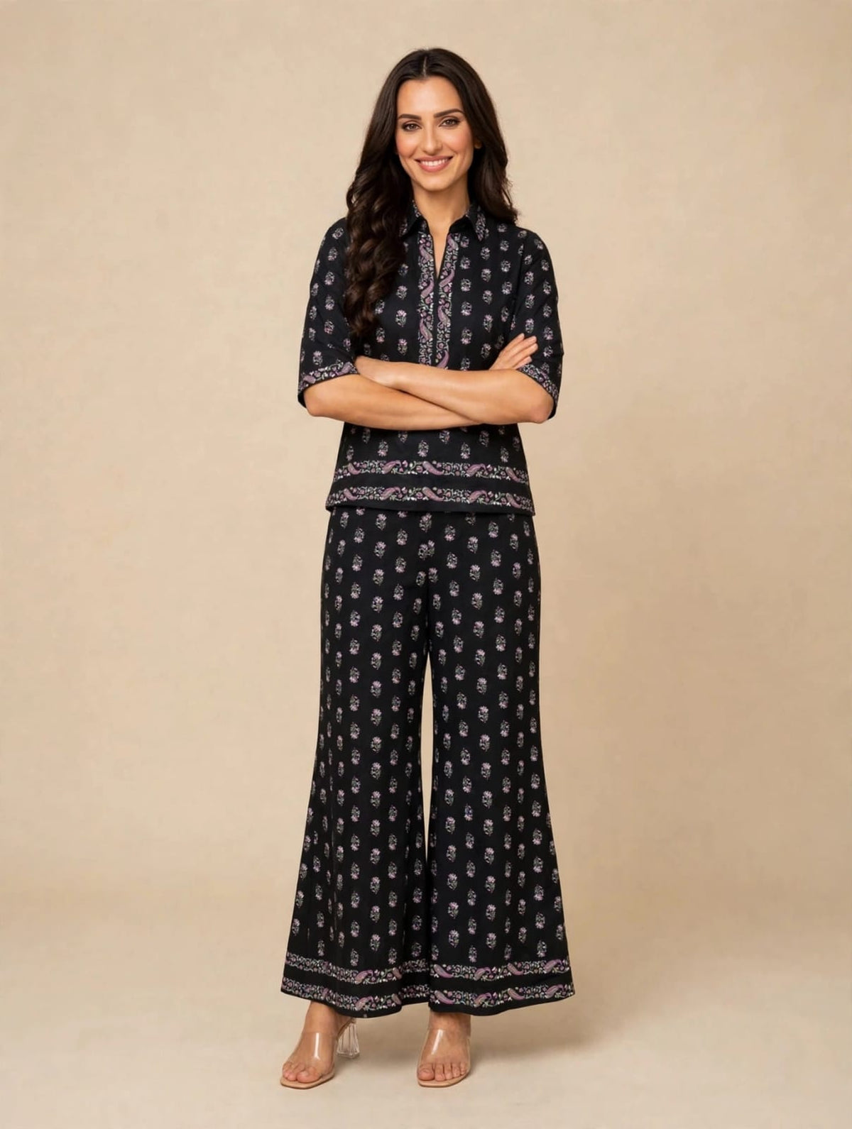 Women’s Black Floral Buti Printed Co-Ord Set-Shirt & Palazzo Set