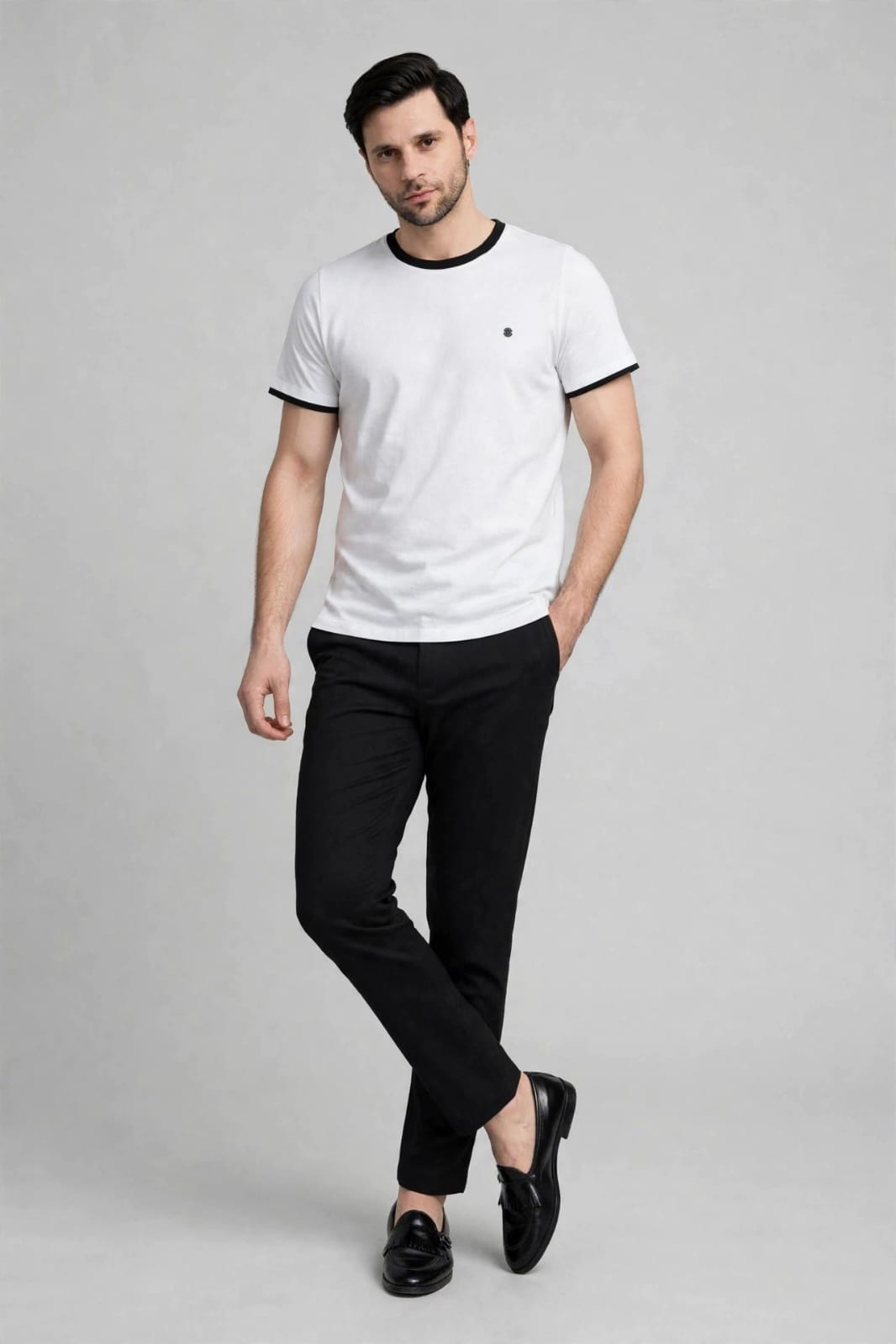 Men’s Contrast Tipped Crew Neck  White T-shirt