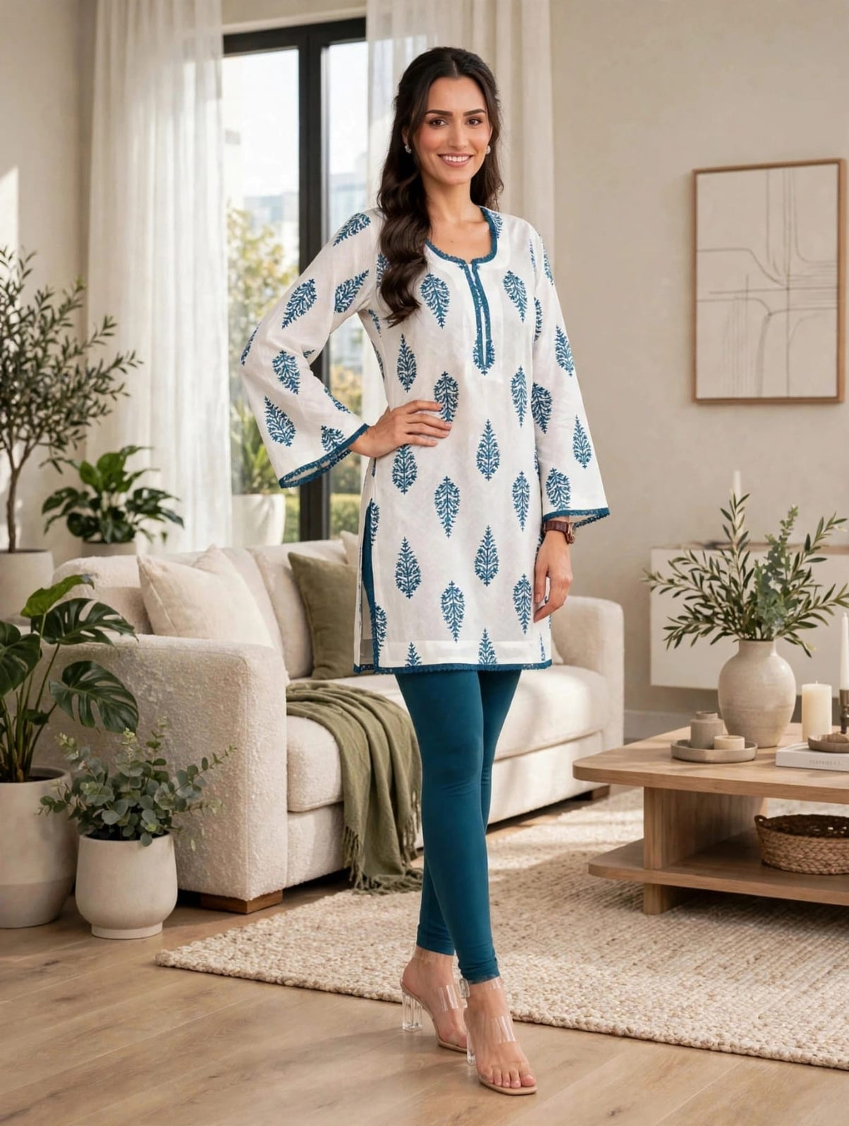 Women’s White & Teal Blue Traditional Block Print Kaftan Kurtis