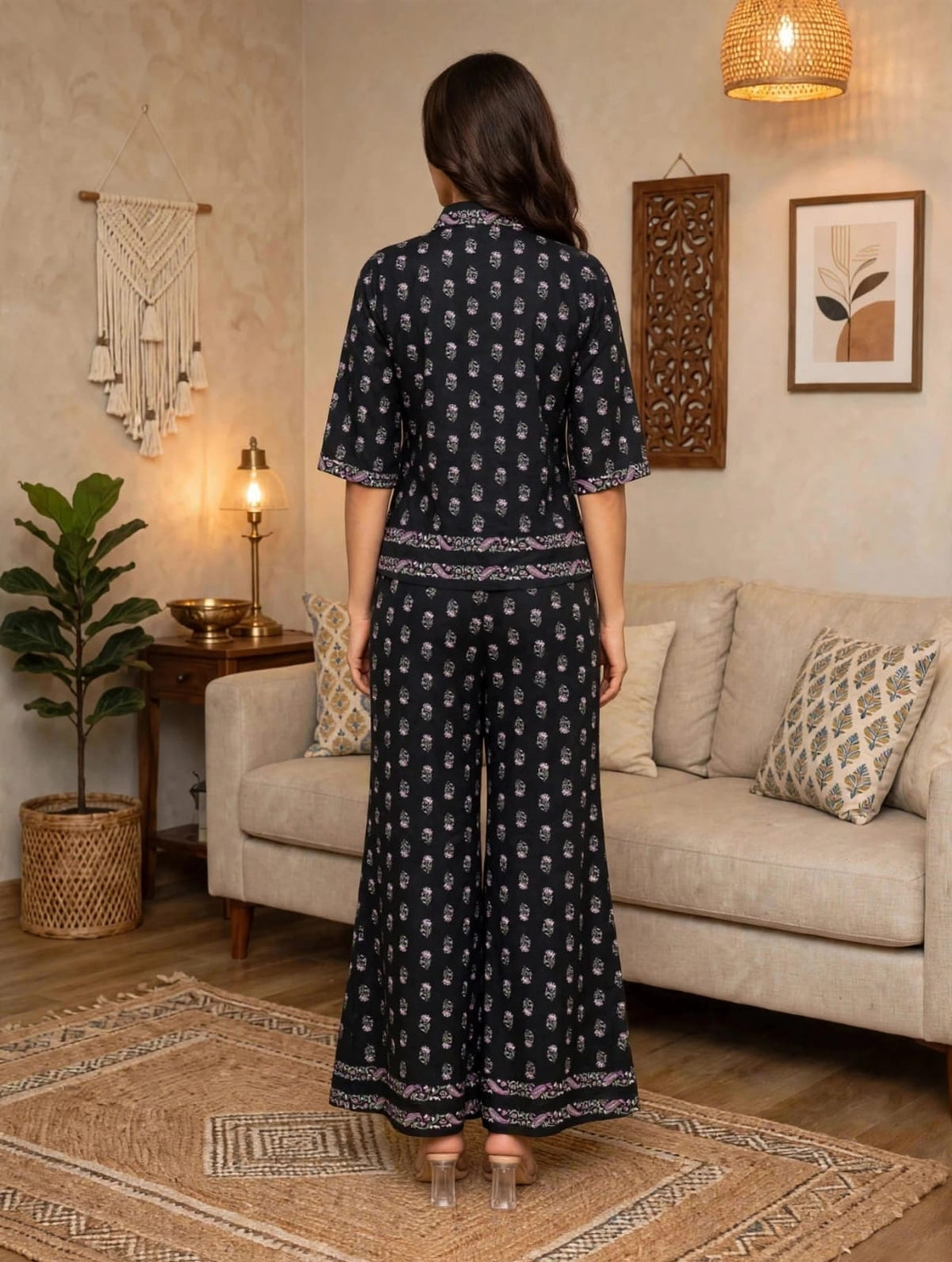 Women’s Black Floral Buti Printed Co-Ord Set-Shirt & Palazzo Set