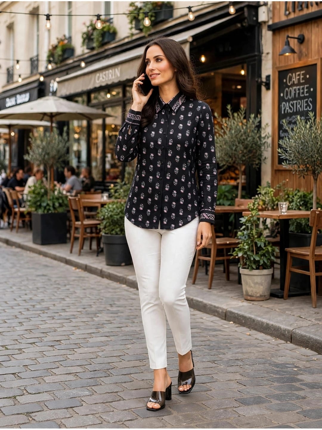 Women’s Printed Cotton Casual Shirt-Black
