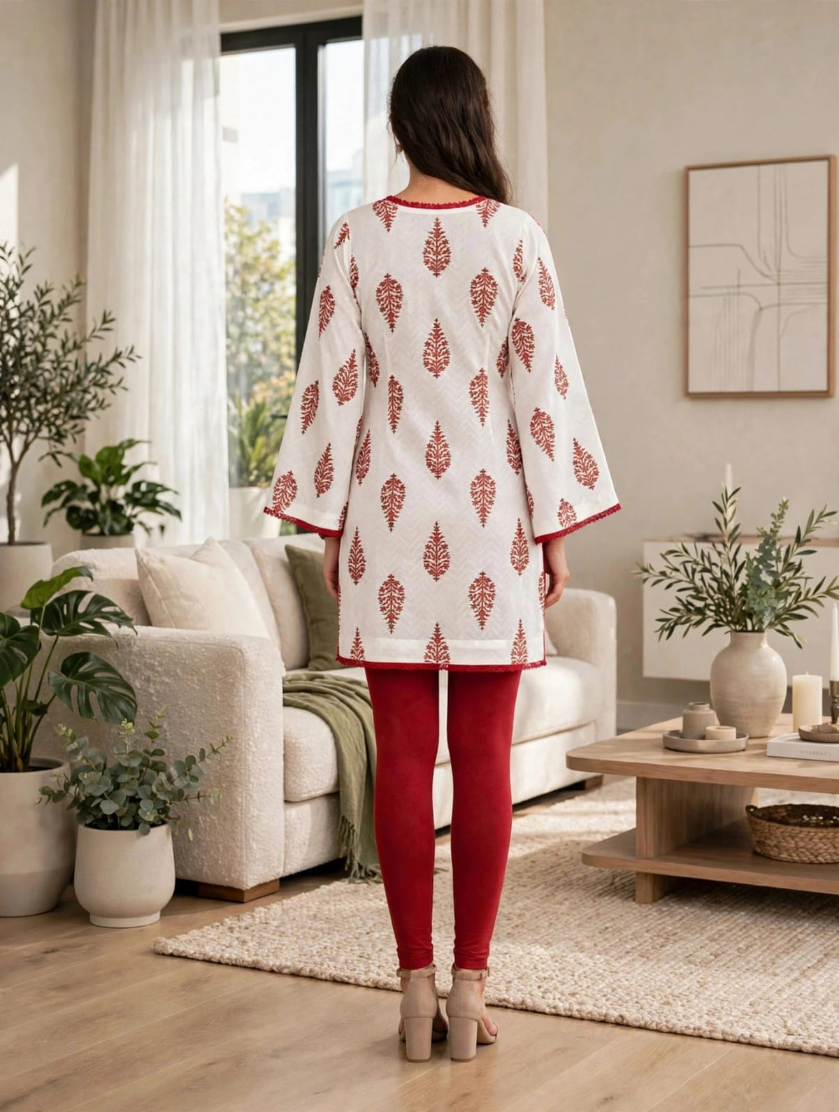 Women’s White & Rust Red Traditional Block Print Kaftan Kurtis