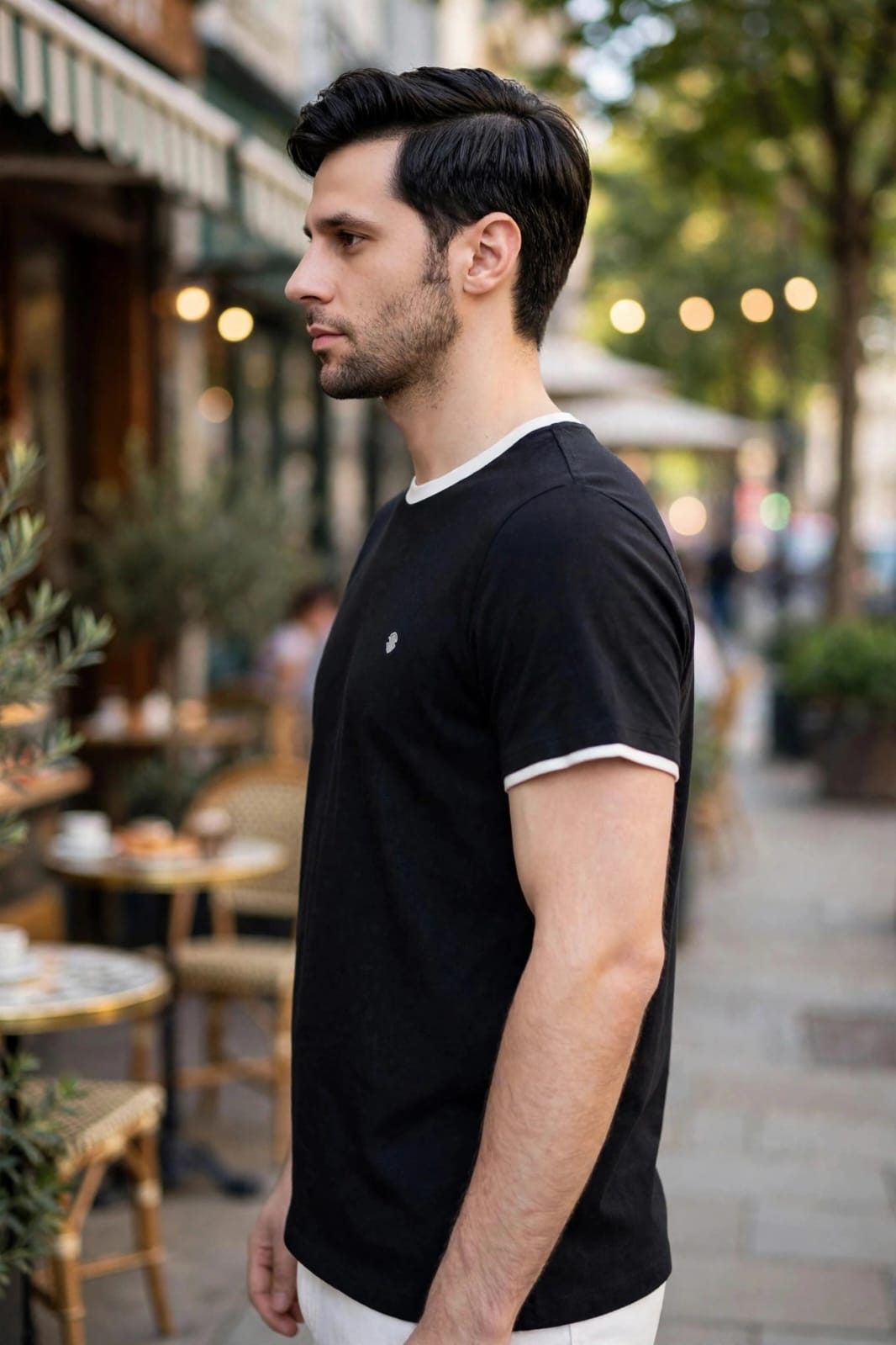 Men’s Contrast Tipped Crew Neck  Black T-shirt