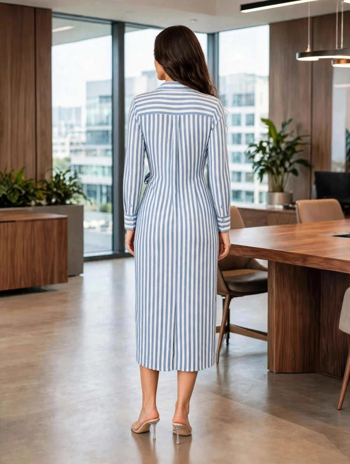 Long Sleeves A-Line Wrap Dress- White-Blue