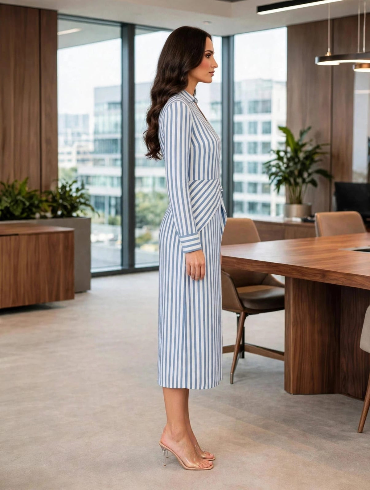 Long Sleeves A-Line Wrap Dress- White-Blue