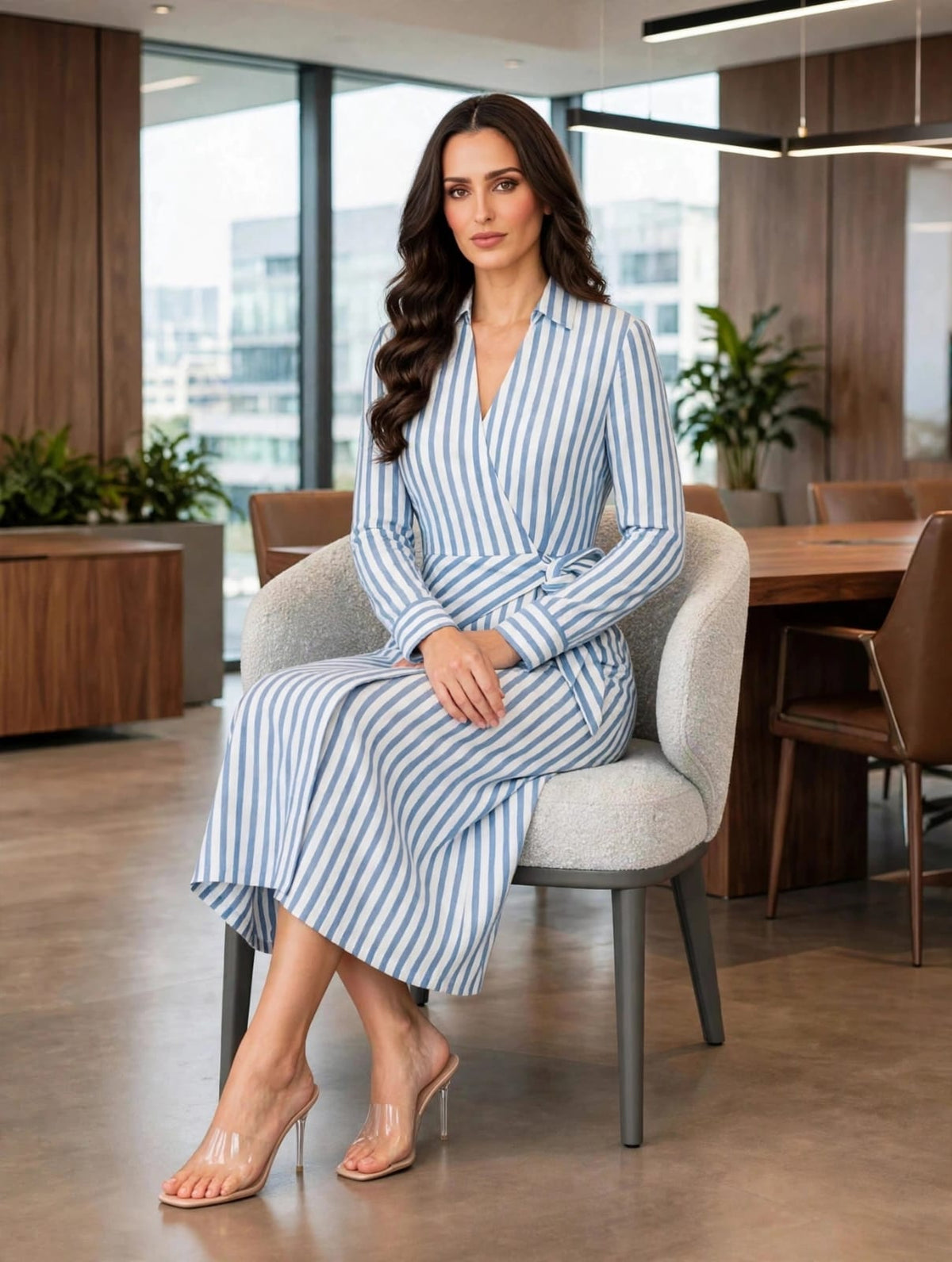 Long Sleeves A-Line Wrap Dress- White-Blue