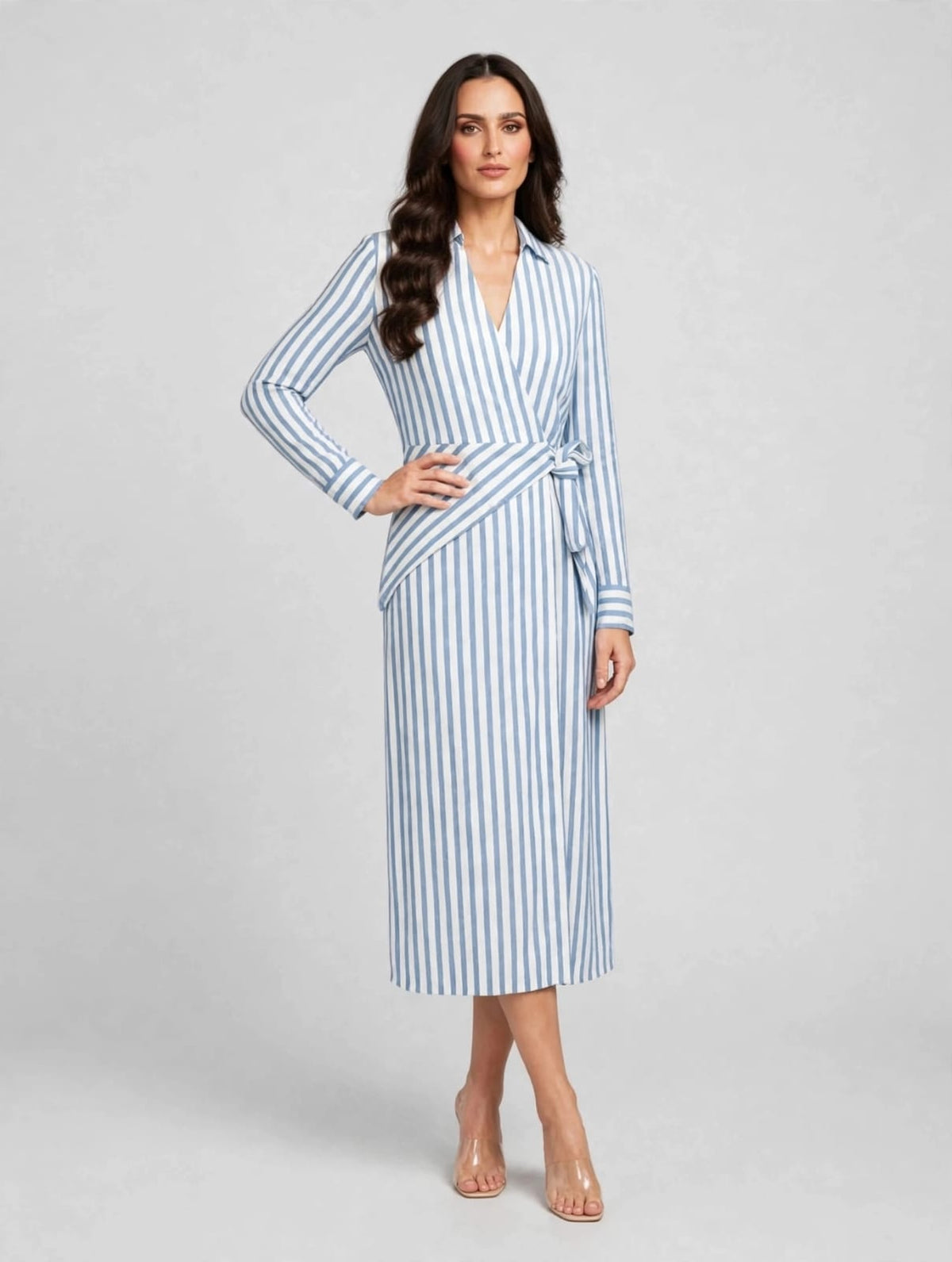 Long Sleeves A-Line Wrap Dress- White-Blue