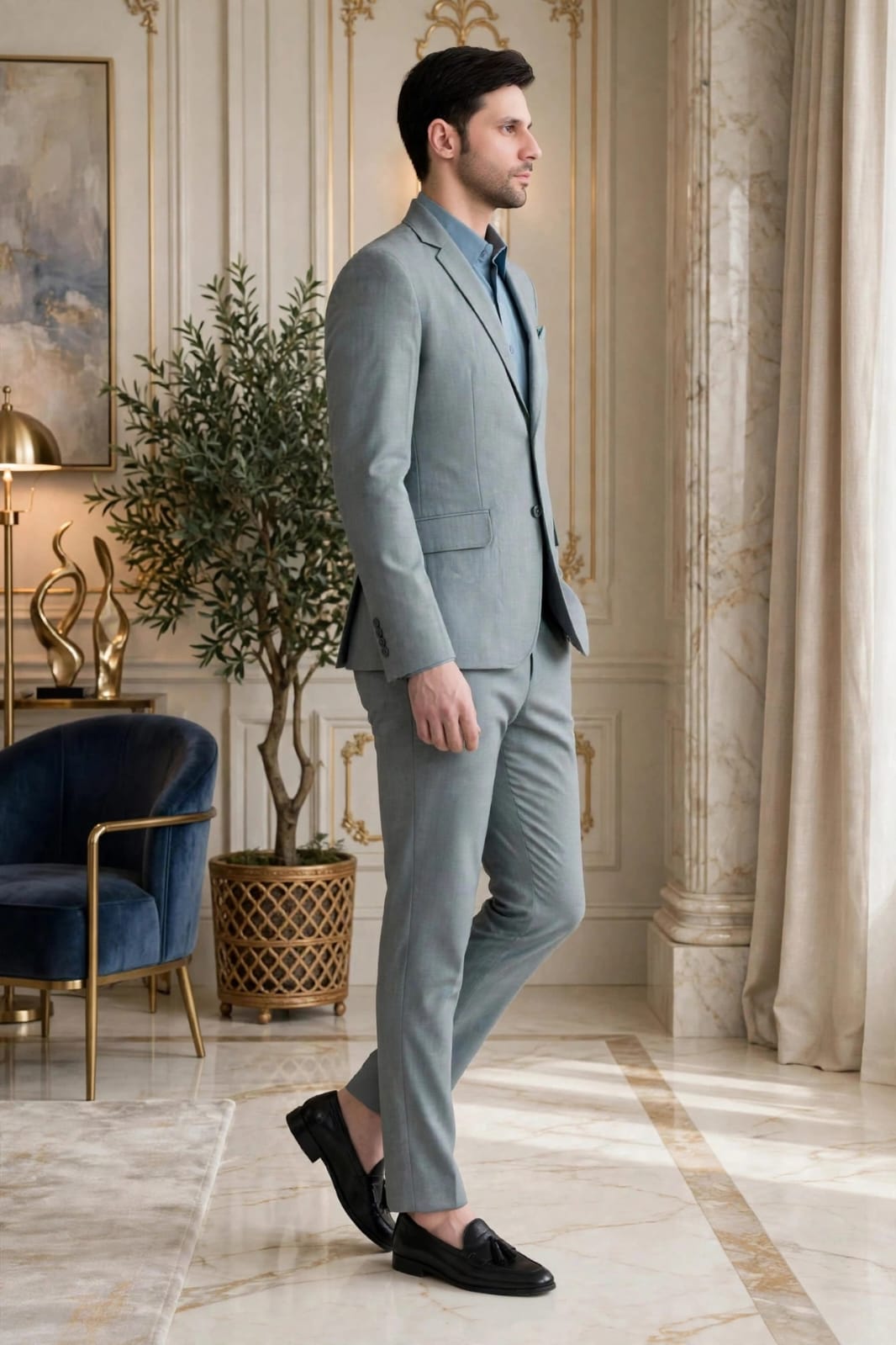 Men Slim Fit Formal 2 Piece Suit- Grey