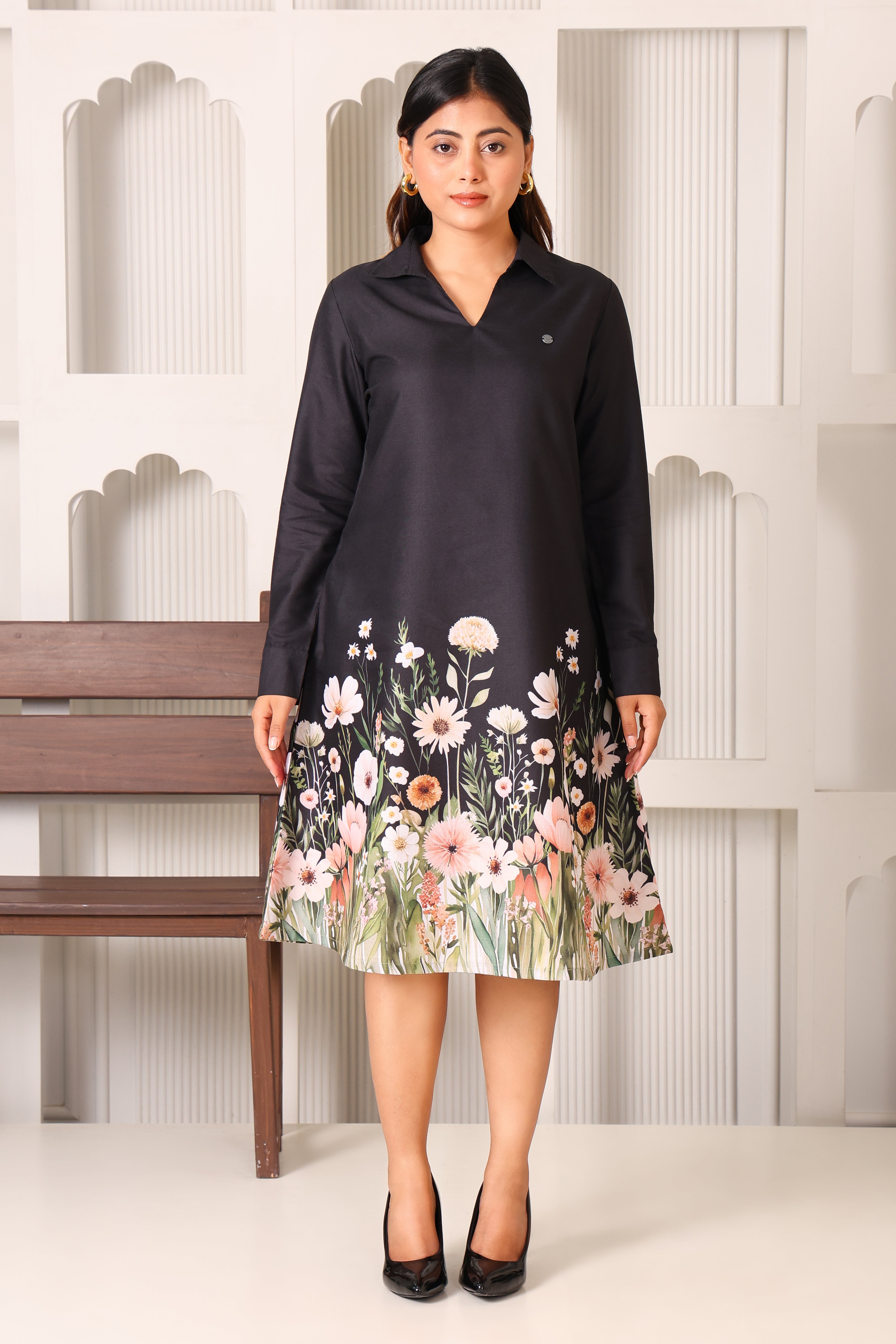 A-Line V-neck Collar Dress- Black