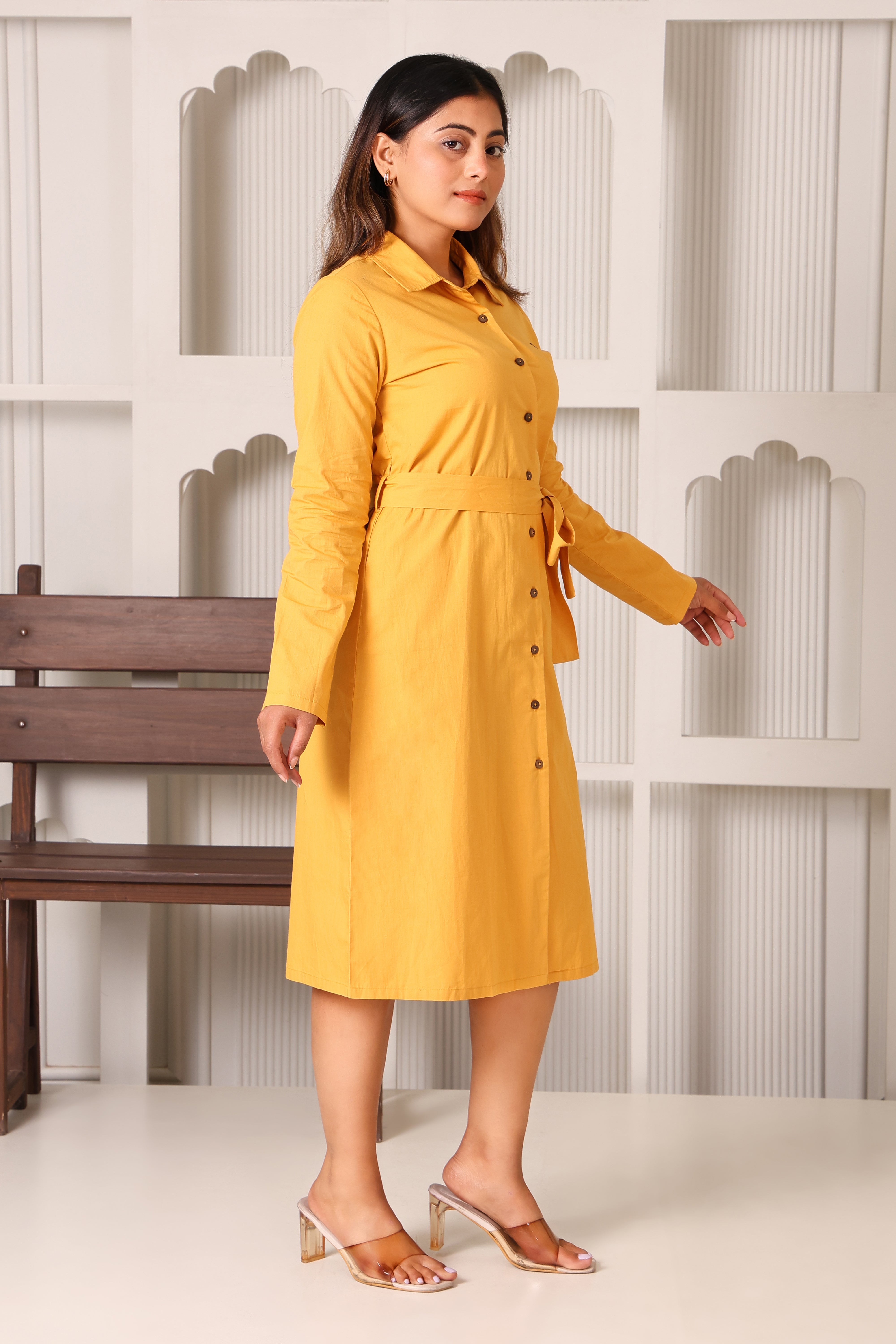 A-Line Midi Length Collar Shirt Dress- Mustard