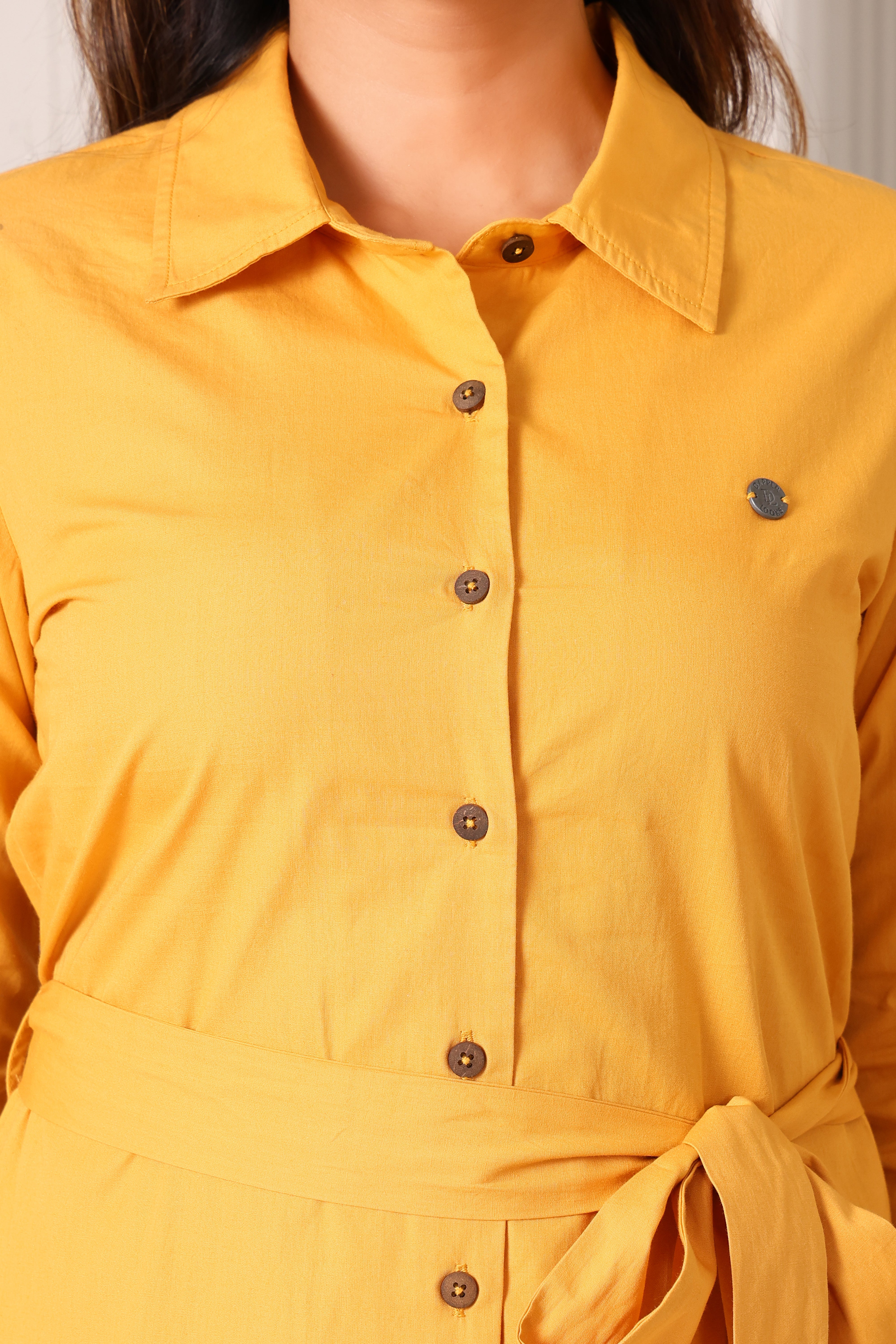 A-Line Midi Length Collar Shirt Dress- Mustard
