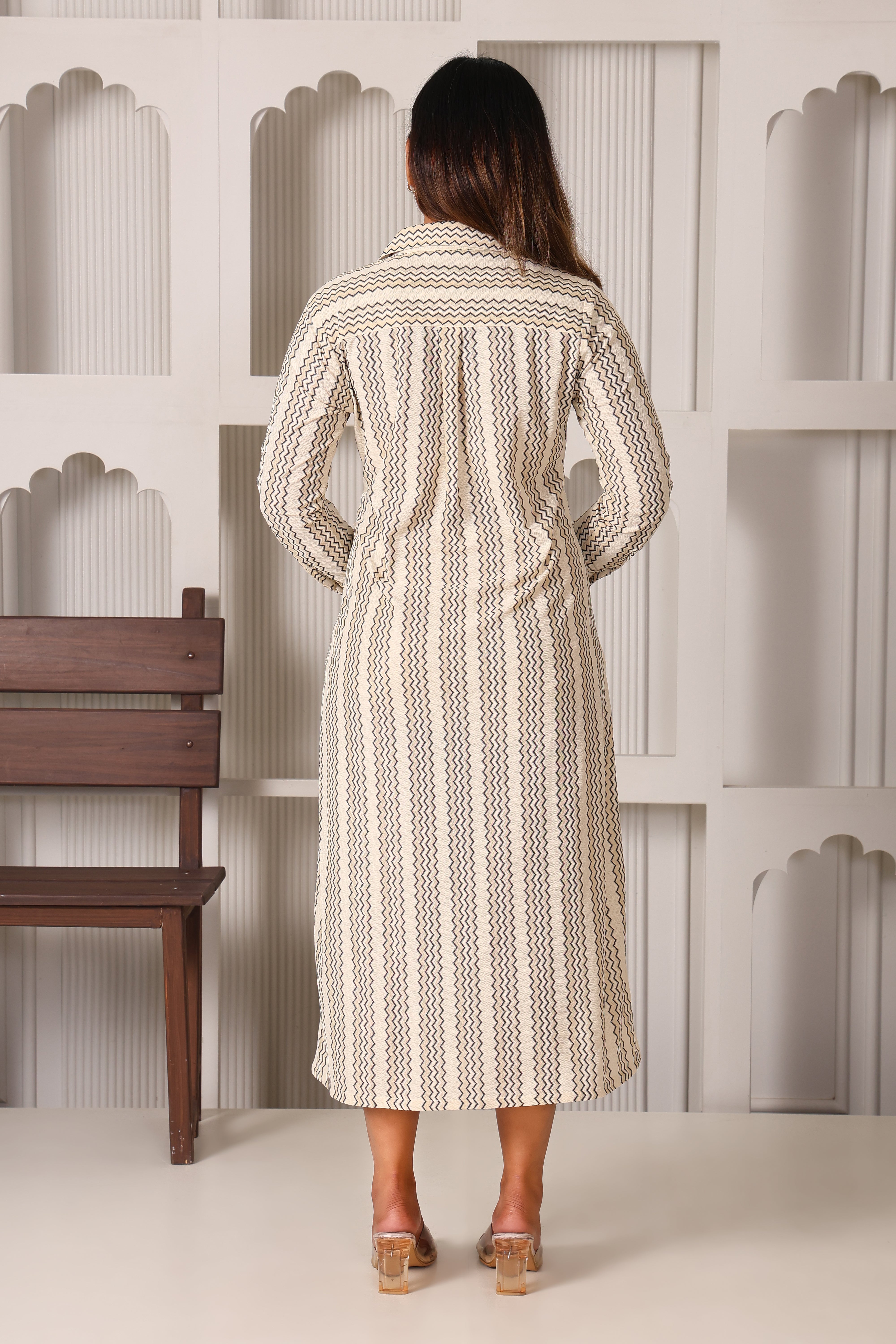 Long Sleeves A-Line Wrap Dress- Ecru/Black Meson
