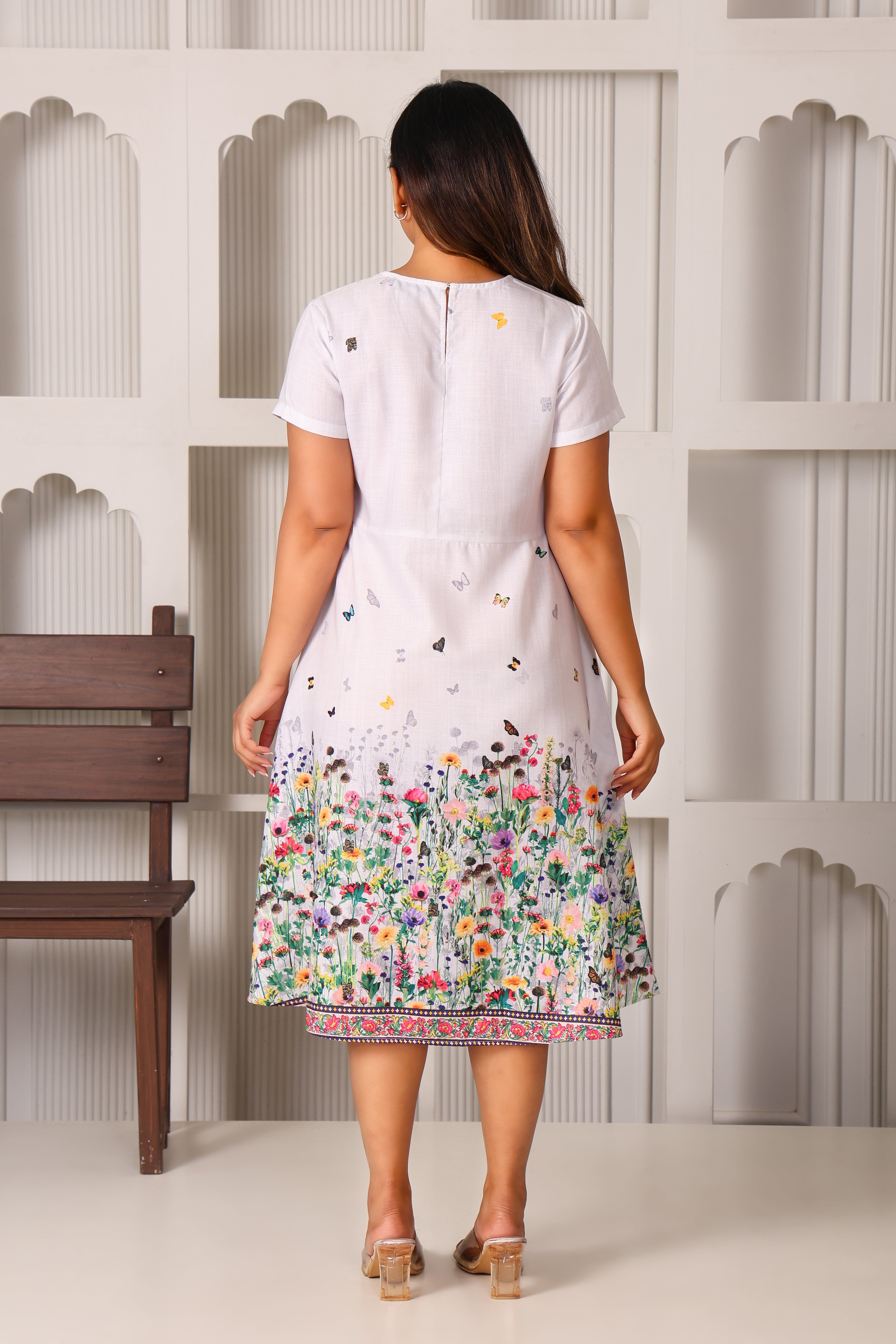 Butterfly Print Cotton V-Neck Fit and Flare Midi Dress
