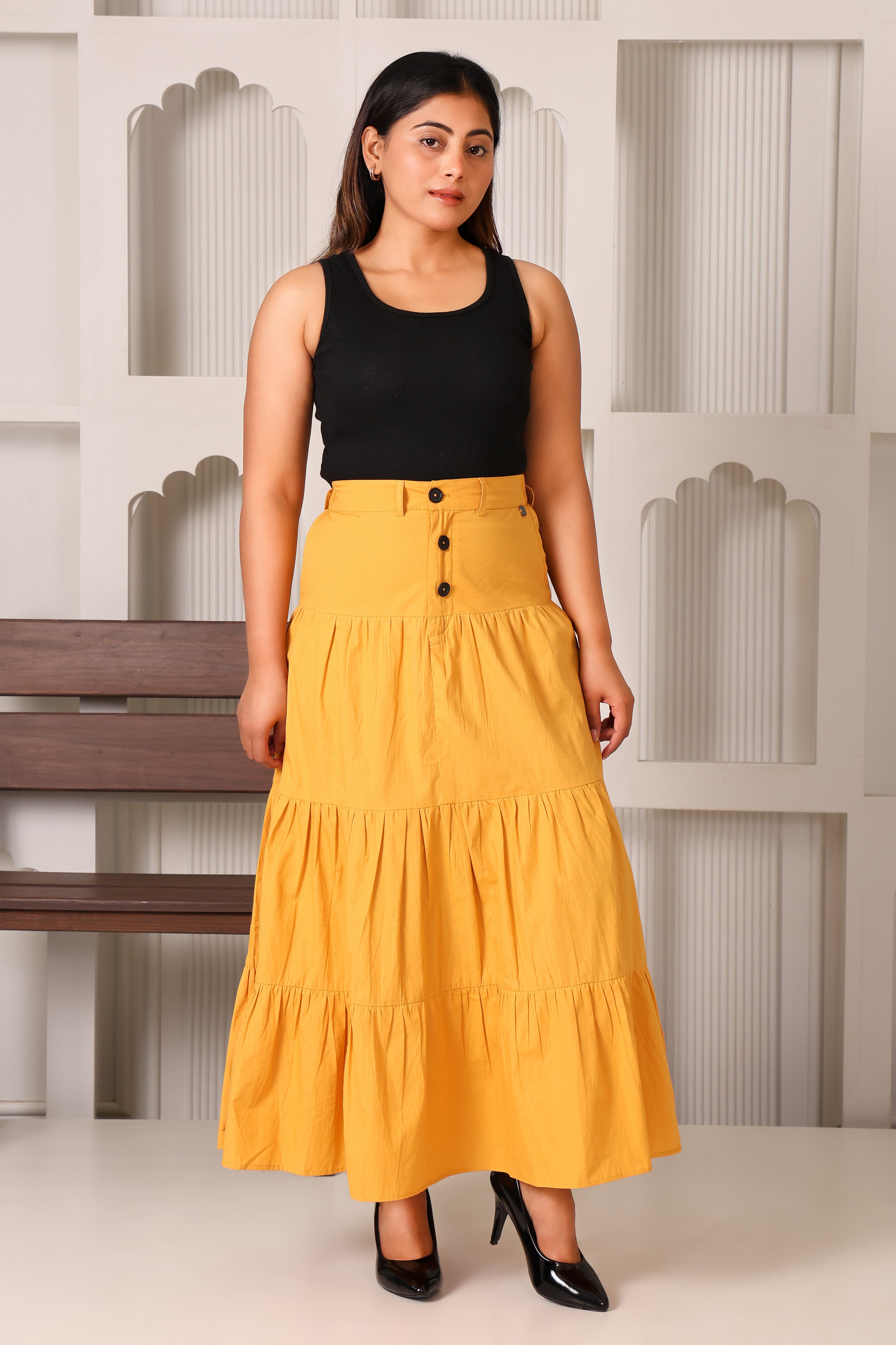 Women's Premium 100% Cotton Tiered Flared Maxi Skirt (Mustard)