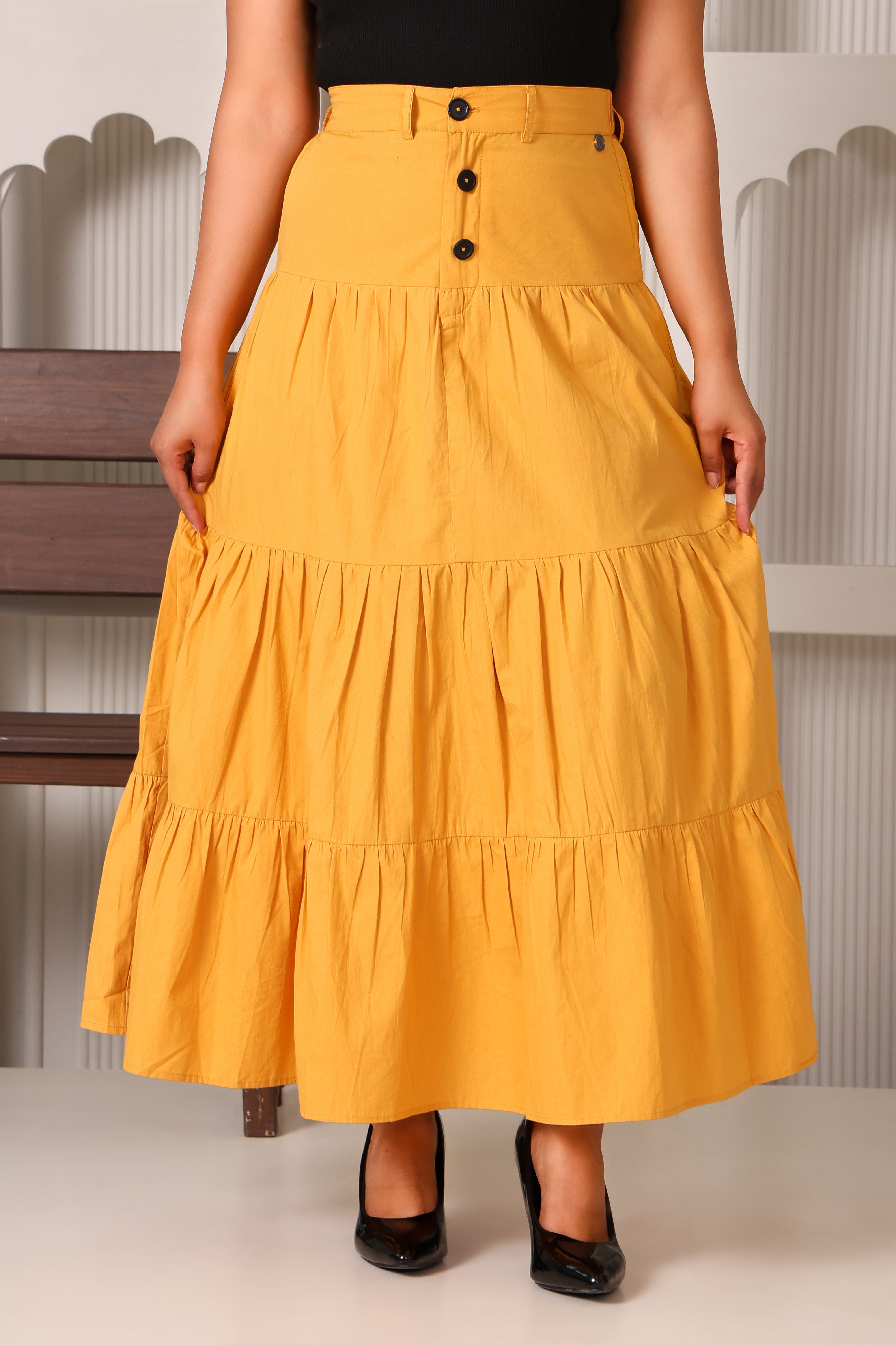 Women's Premium 100% Cotton Tiered Flared Maxi Skirt (Mustard)