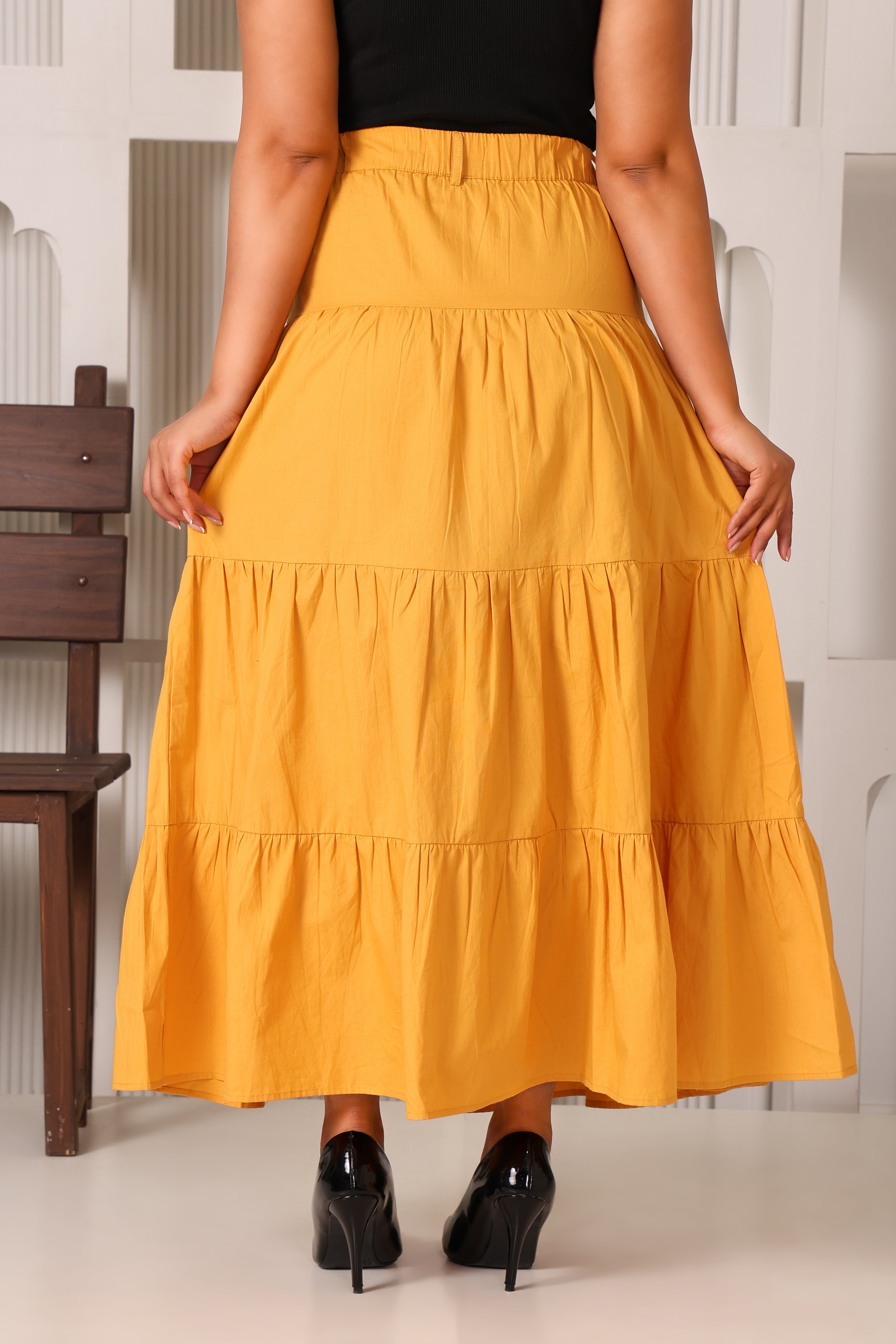 Women's Premium 100% Cotton Tiered Flared Maxi Skirt (Mustard)