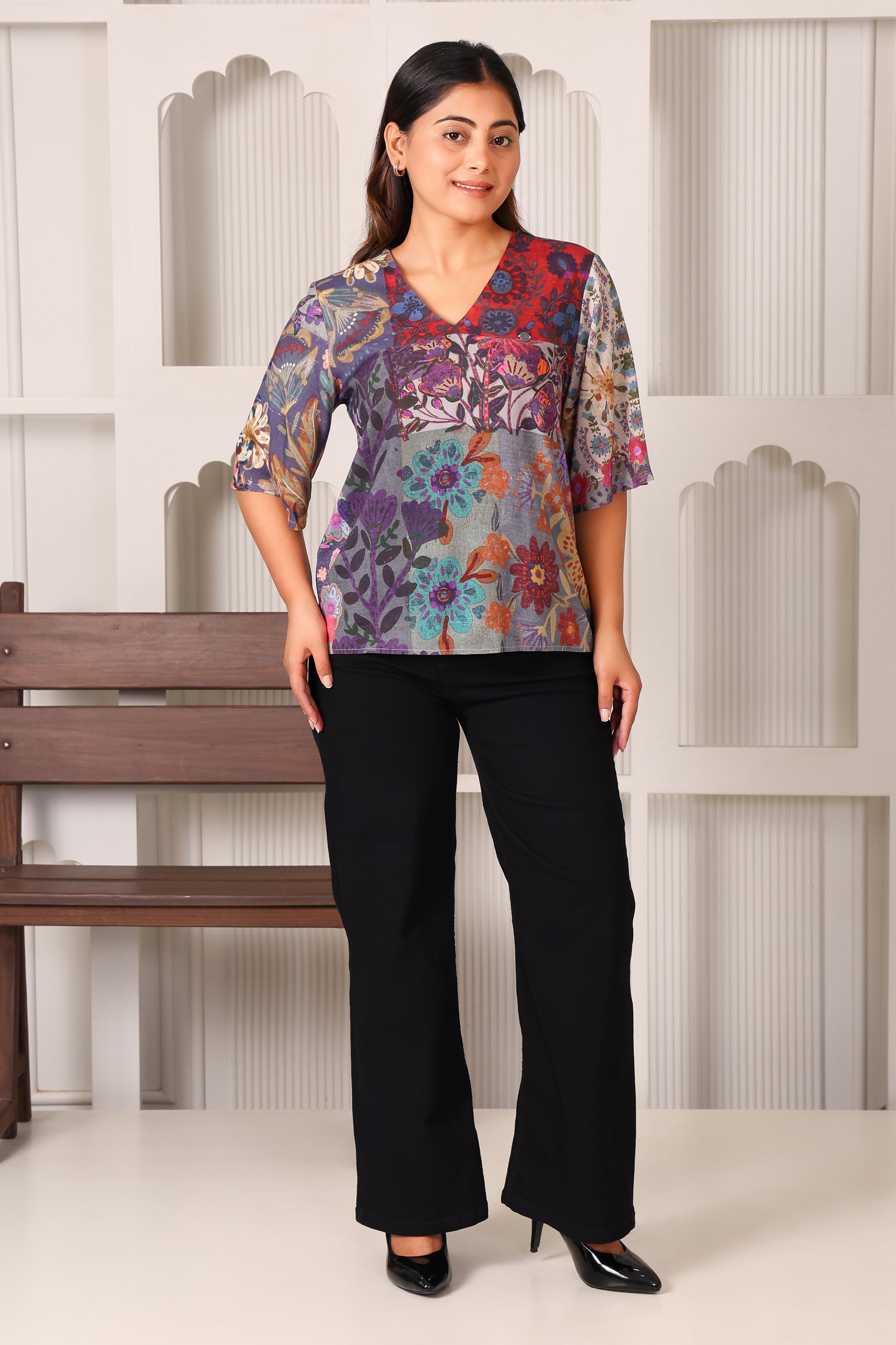 Women's Premium Rayon V-Neck Multi-Print Comfort Tunic Top