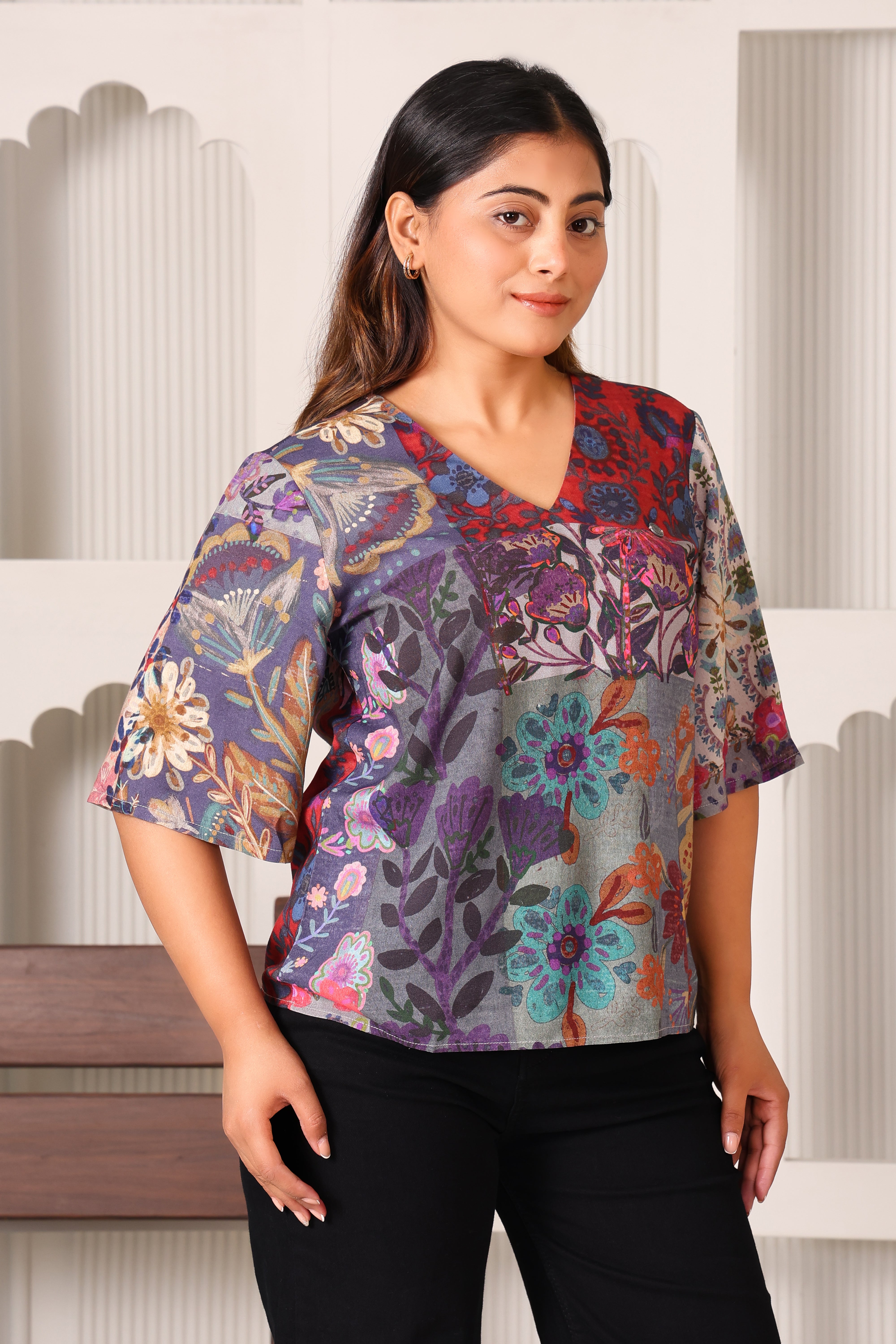 Women's Premium Rayon V-Neck Multi-Print Comfort Tunic Top