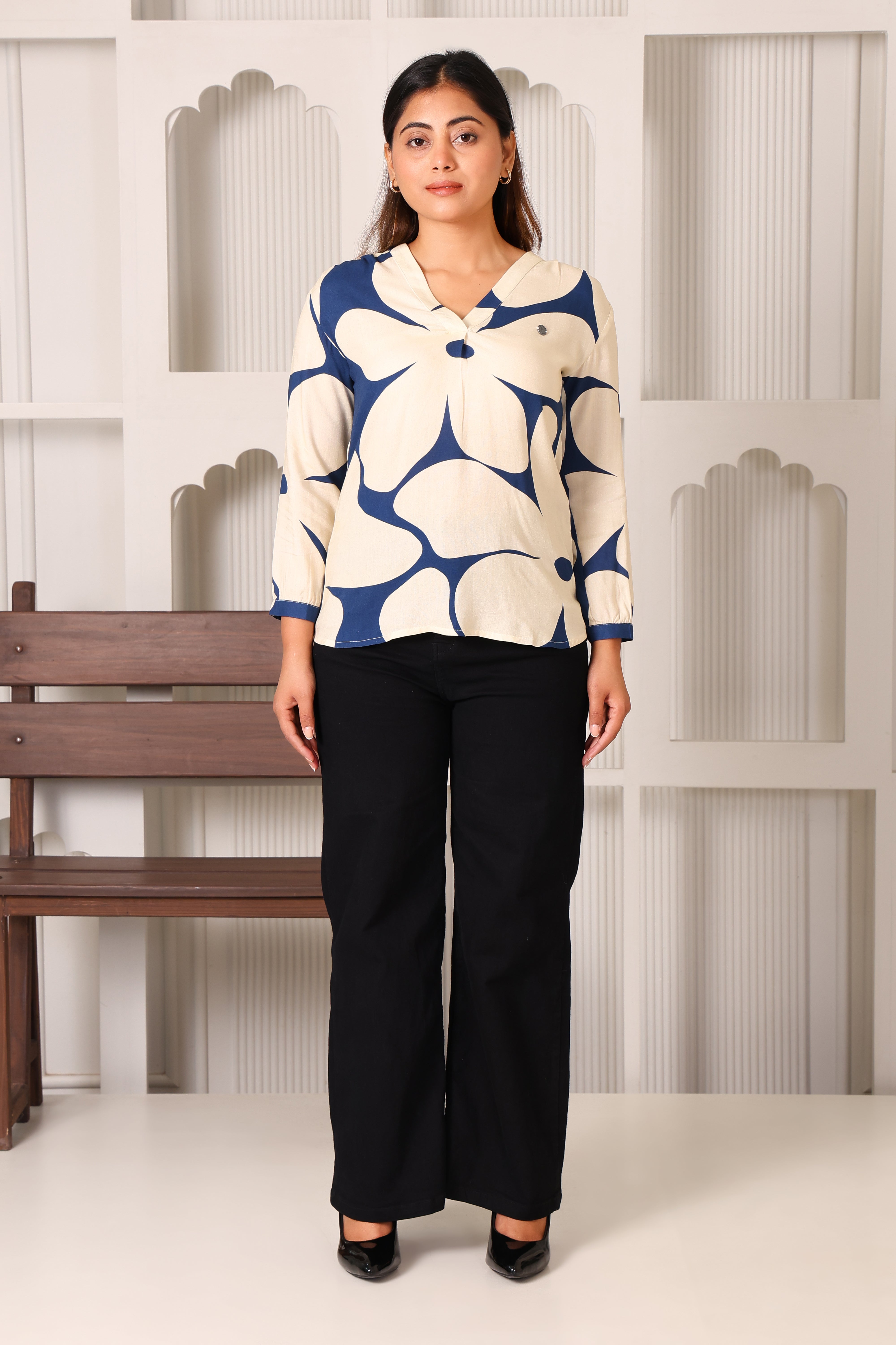 V-Neck Full Sleeve With Cuff Top- Multicolor