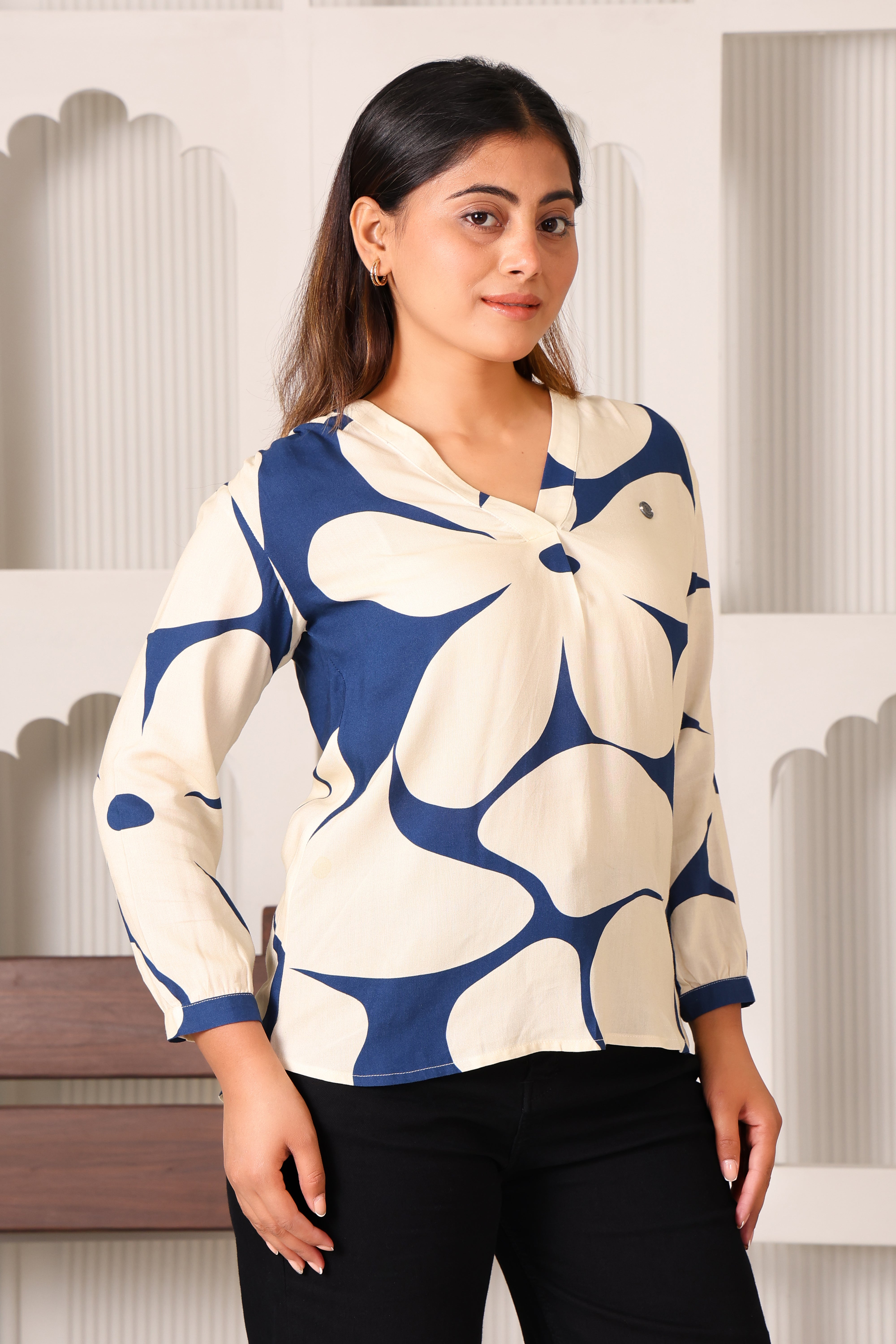 V-Neck Full Sleeve With Cuff Top- Multicolor