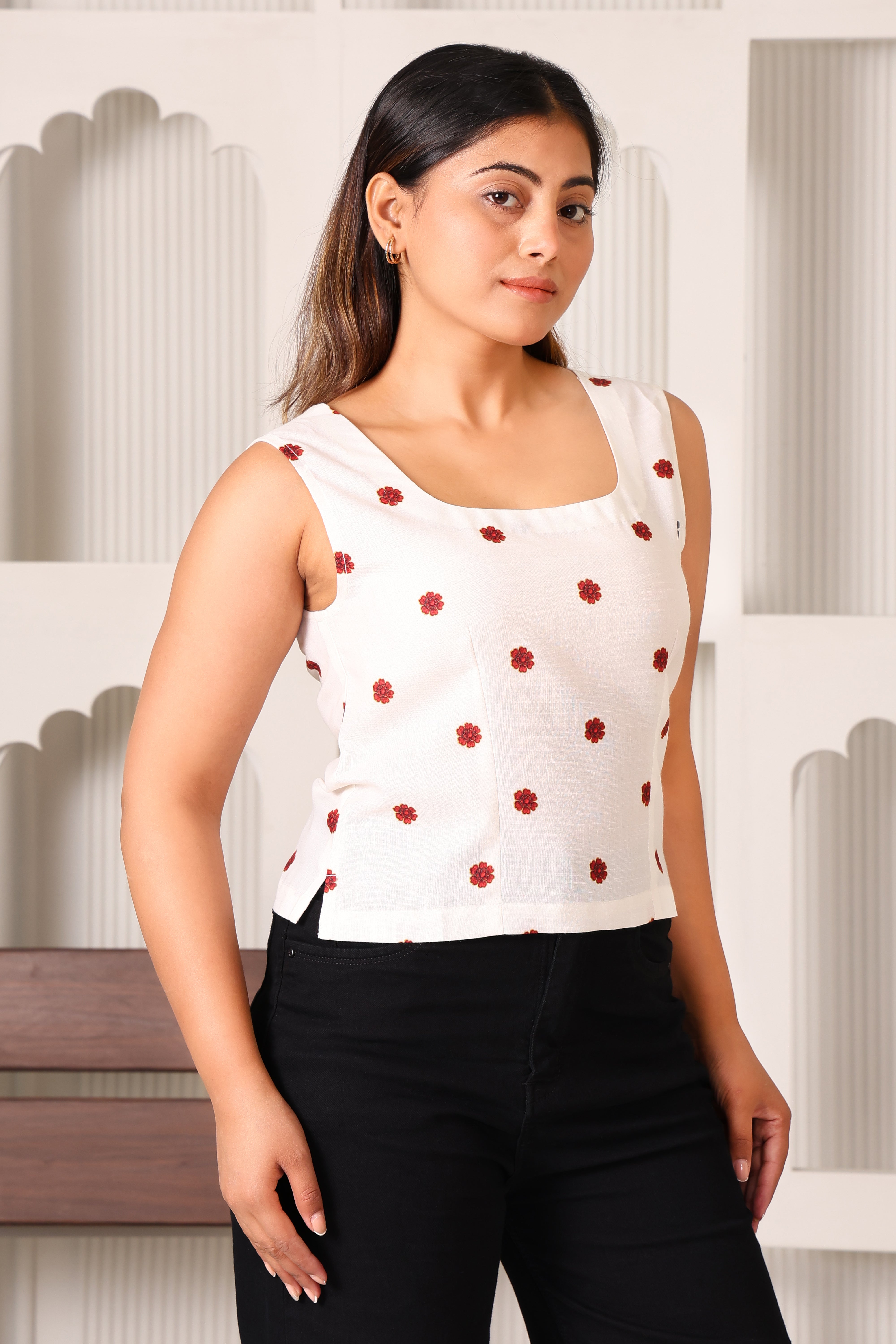 Women's Premium Cotton-Poly Sleeveless Square Neck Crop Top (White with Maroon Motif)
